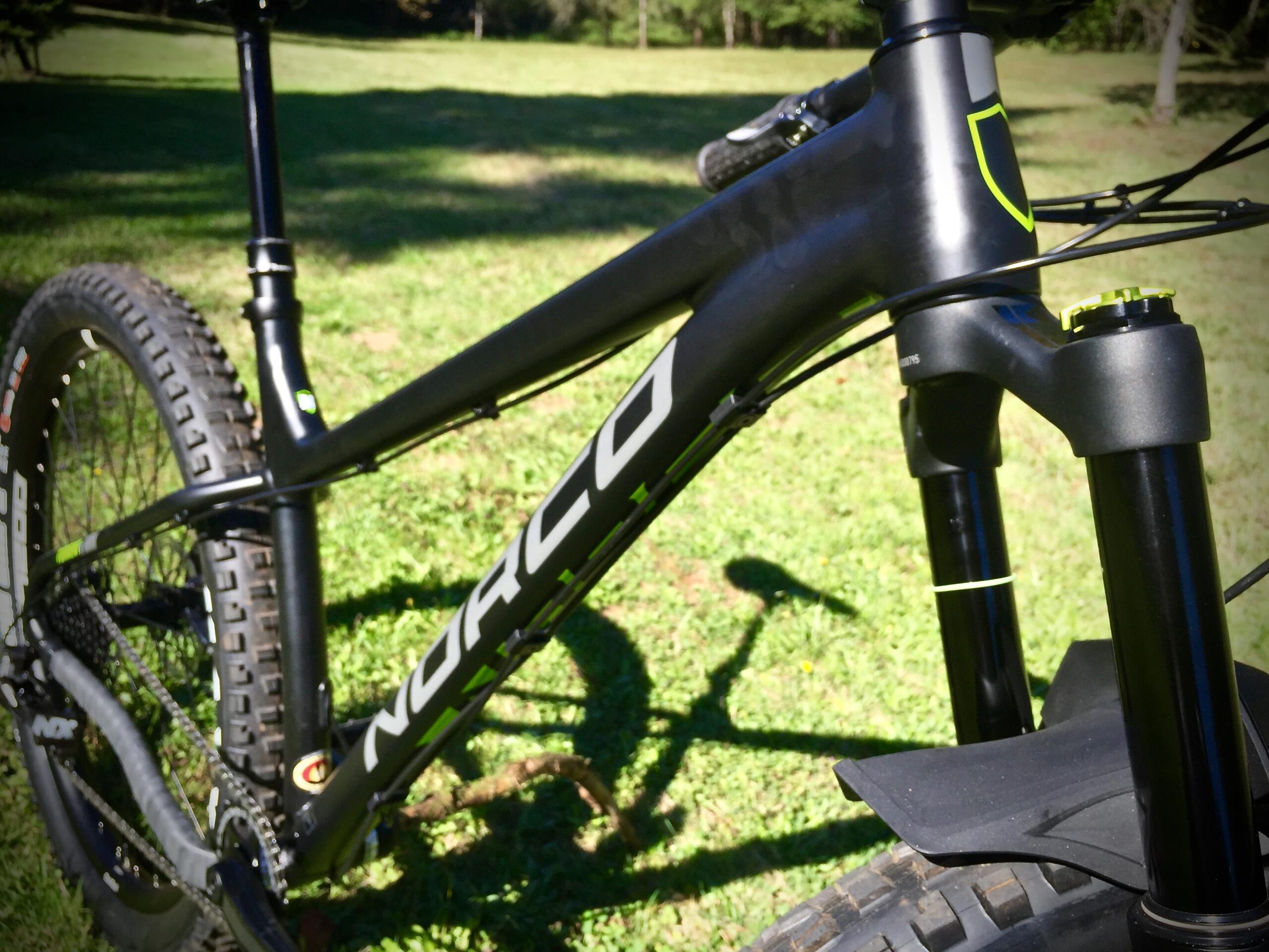 Norco Torrent 7: Close-up of a black mountain bike frame with green accents, showcasing the front fork, tire, and handlebars, set against a grassy background.