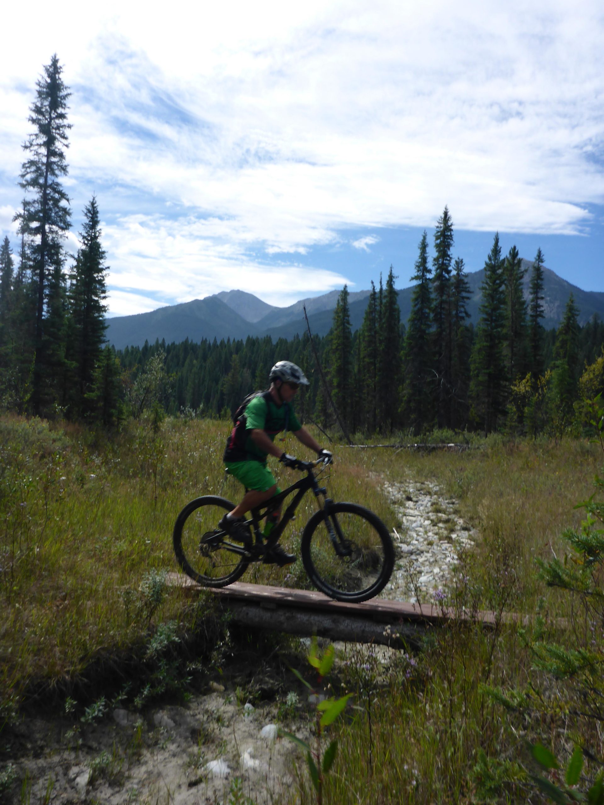 A mountain biker wearing a helmet and green attire rides over a wooden bridge, surrounded by a grassy trail and tall pine trees, with mountains in the background under a partly cloudy sky. Nipika Mountain Resort mountain bike trail.
