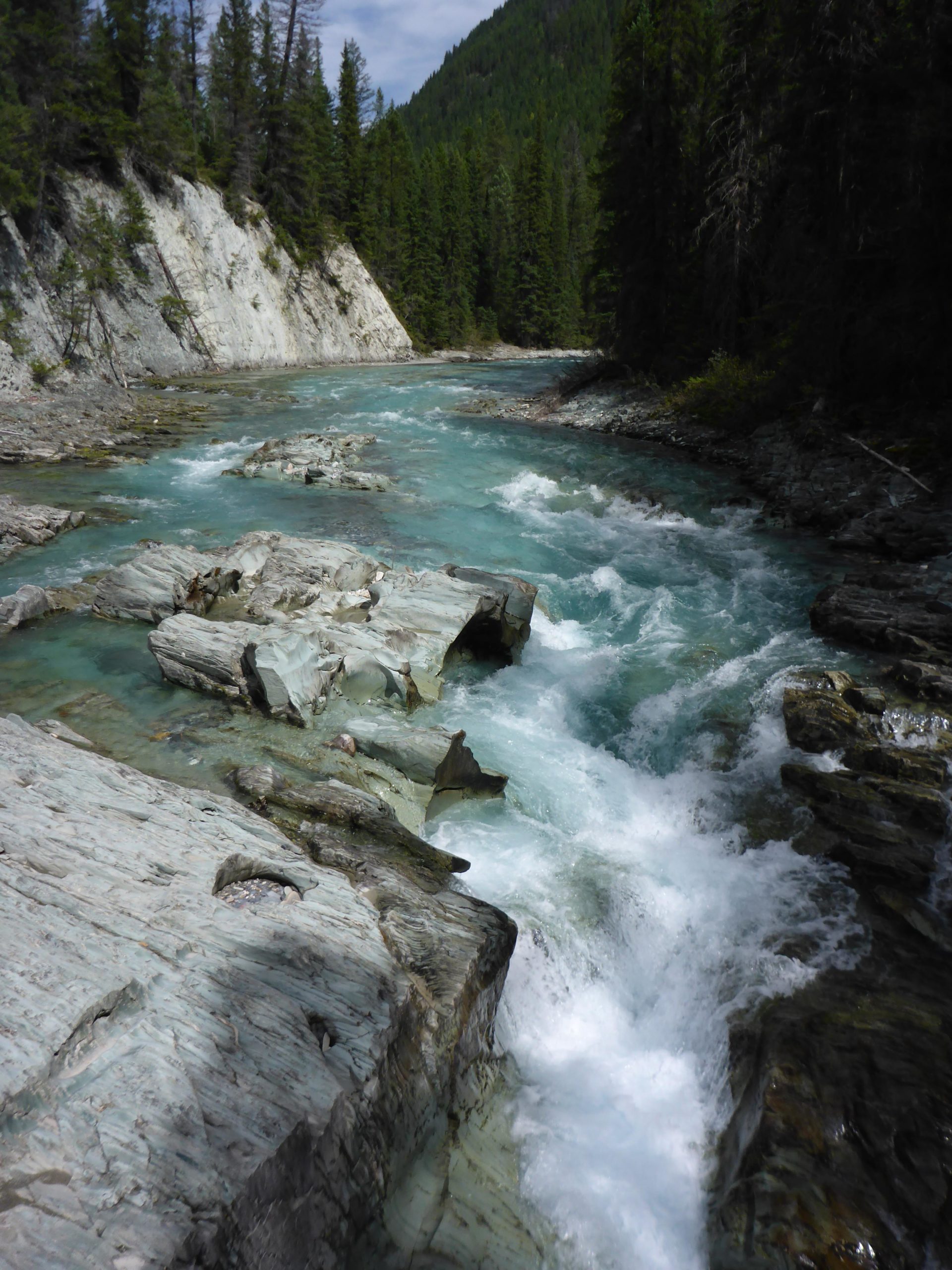 A scenic view of a turquoise river flowing through a rocky landscape, surrounded by lush green forests and mountains under a partly cloudy sky. The water cascades over large stones, creating white foamy currents. Nipika Mountain Resort mountain bike trail.