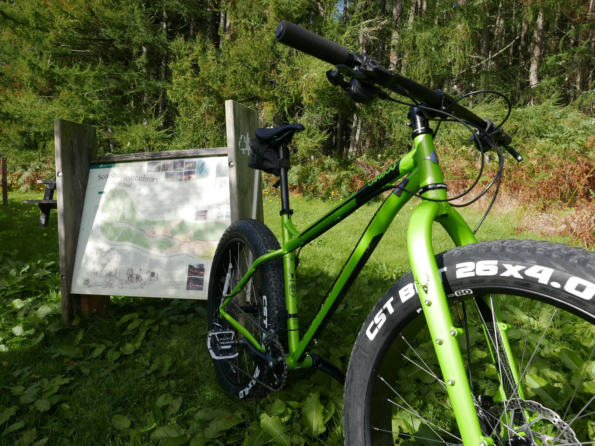 Genesis Caribou: A bright green fat bike is parked next to an informational sign in a lush green forest setting. The sign provides details about the Scotsburn-Strathrory route, and the bike’s large tires are visible in the foreground, resting on a carpet of green leaves. The scene captures a peaceful outdoor environment, perfect for cycling enthusiasts.