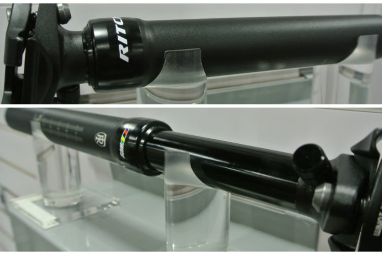 Alt text: A close-up view of a bicycle seat post, displayed vertically and showcasing its black finish and branding. The image shows two angles of the seat post, highlighting features such as measurement markings and adjustment mechanisms.