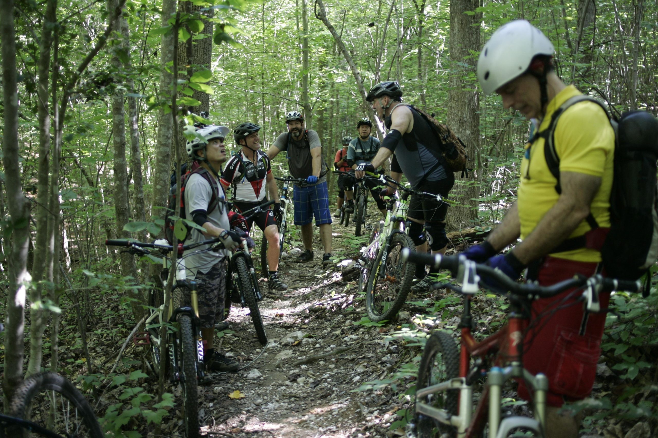 A group of six mountain bikers paused along a forest trail, surrounded by greenery. They are wearing helmets and cycling gear while chatting and adjusting their bikes. Sunlight filters through the trees, creating a vibrant outdoor atmosphere. San-lee Park mountain bike trail.
