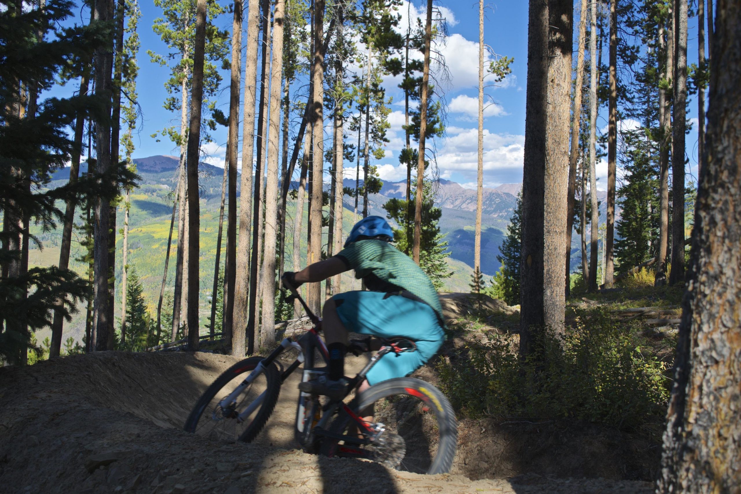 A mountain biker navigates a winding dirt trail in a lush forest, surrounded by tall trees and a mountainous backdrop under a clear blue sky. Vail Mountain Bike Park mountain bike trail.
