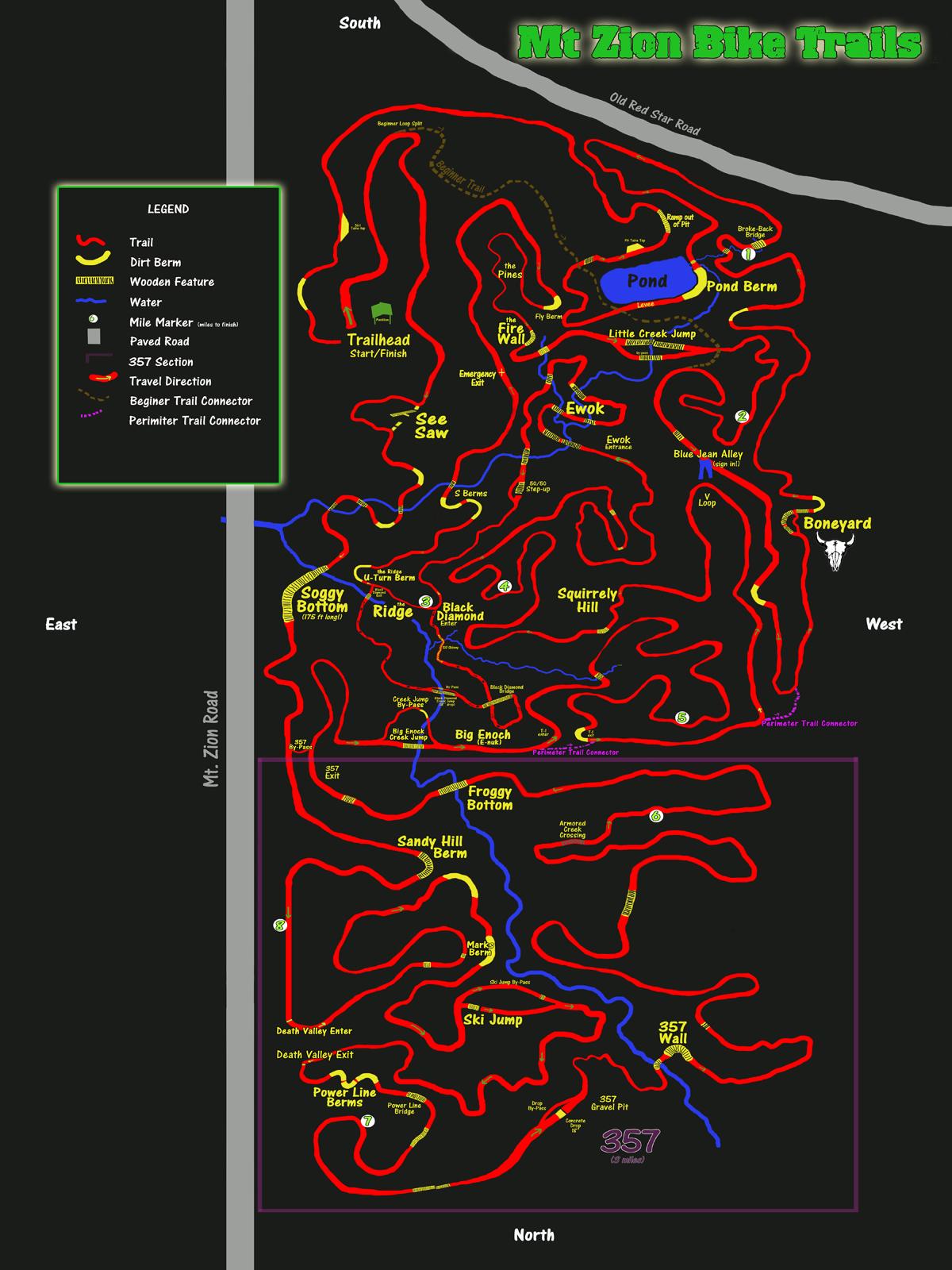 Map of Mt. Zion Bike Trails, featuring various trails marked in red with different difficulty levels, a legend indicating trail features and landmarks, including "Trailhead," "Pond," and various jumps and berms. Water and paved road areas are also noted. Directions are indicated with a compass rose showing North, South, East, and West. Mt. Zion Bike Trails mountain bike trail.