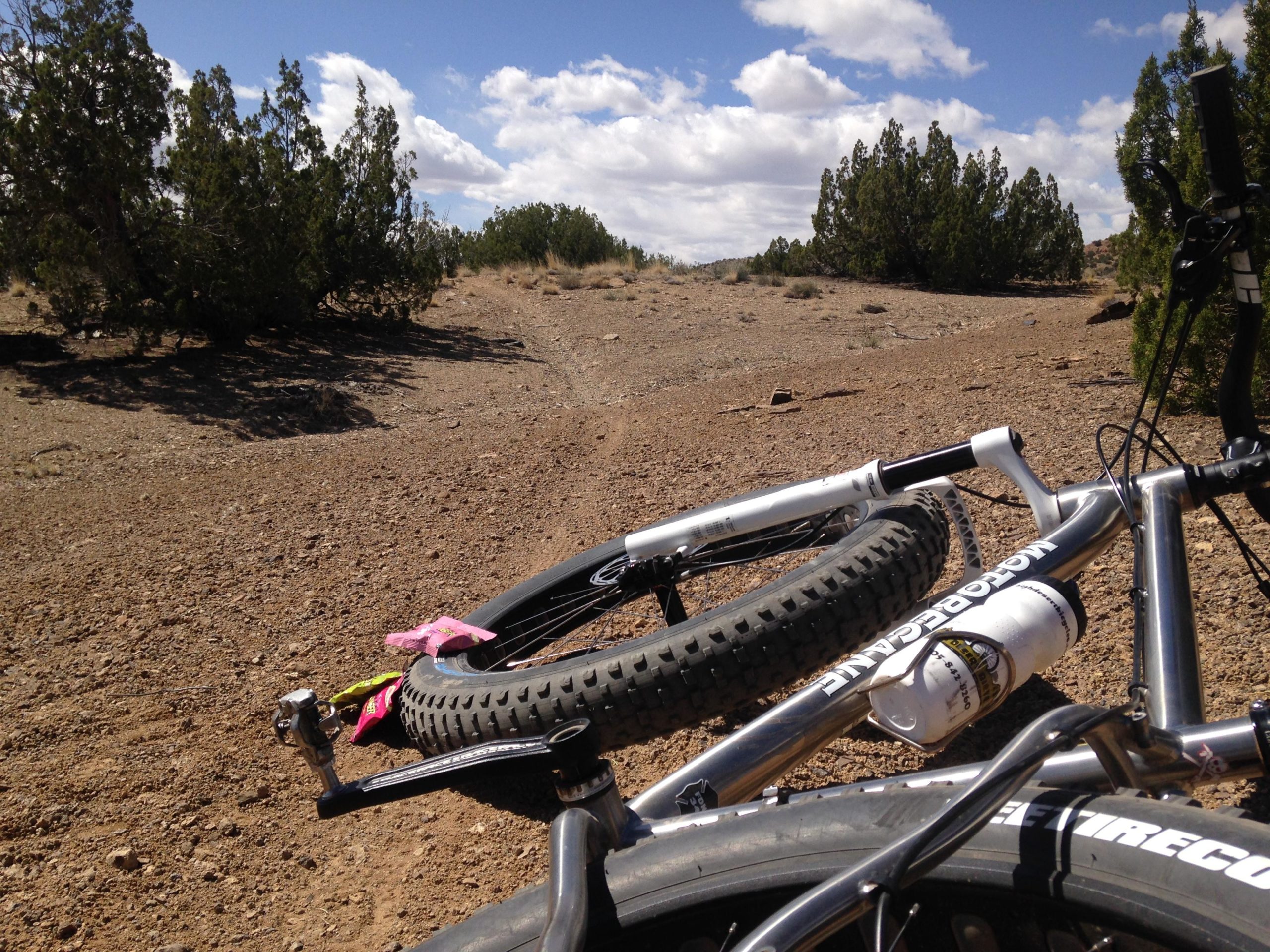 A mountain bike resting on rocky terrain under a blue sky with scattered clouds. The bike's frame features the brand name "Wilderness," and a water bottle is mounted on the frame. Surrounding the bike are sparse shrubs and small trees typical of a dry, rugged landscape. Red Mesa mountain bike trail.