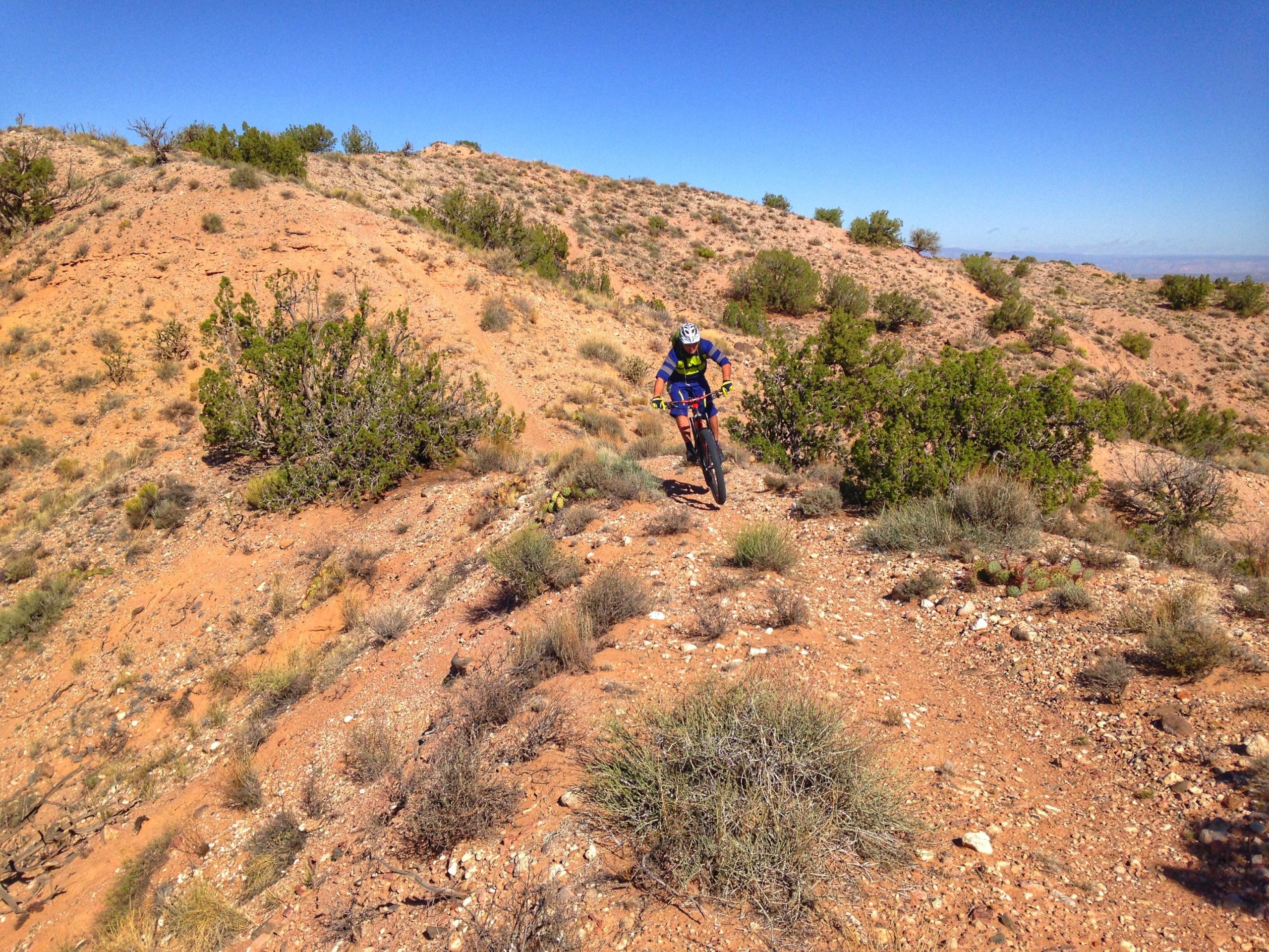 A mountain biker navigates a rocky trail on a desert hillside, surrounded by sparse vegetation and clear blue skies. Mariposa Fat Bike Trails mountain bike trail.