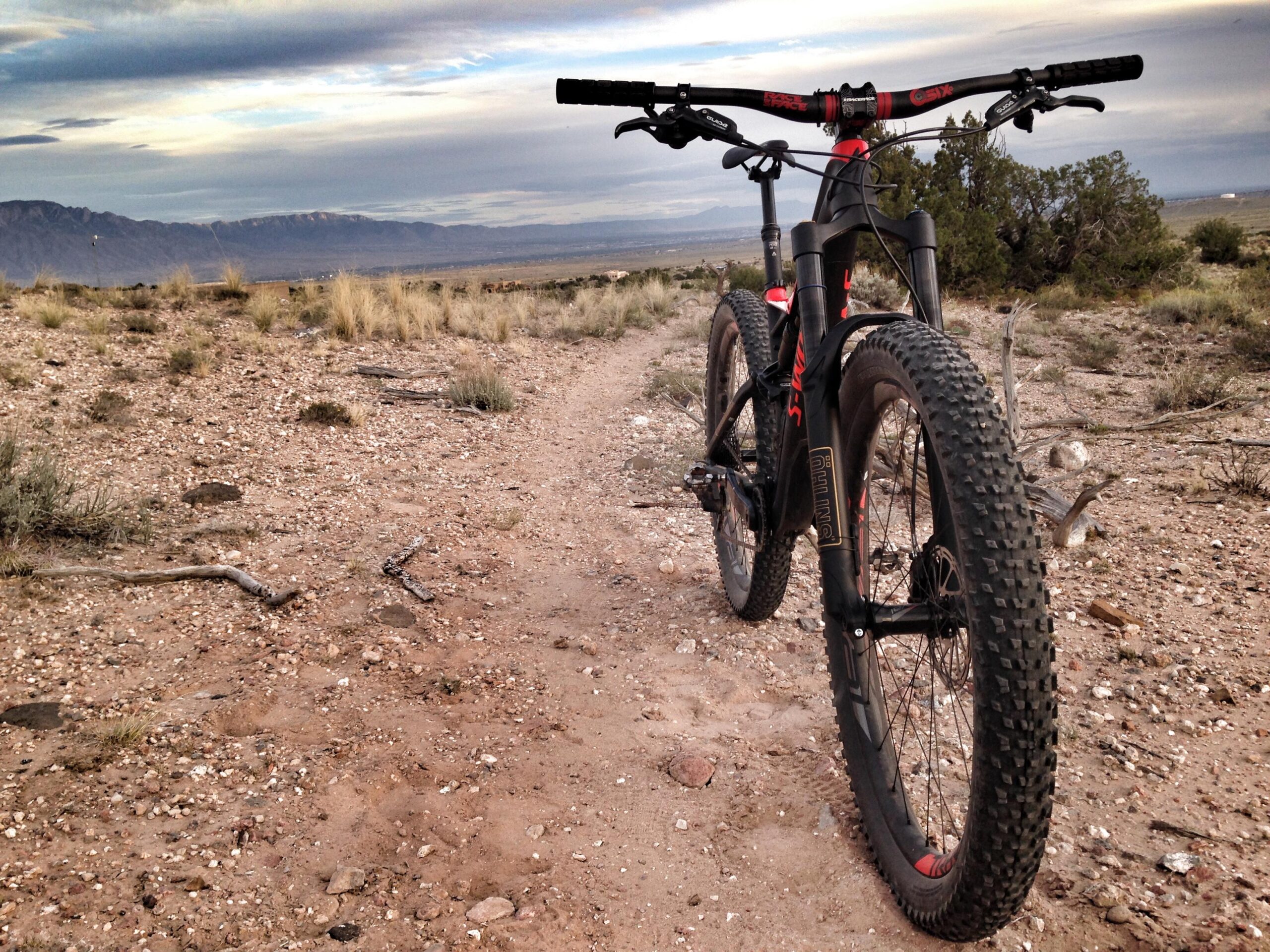 Specialized Stumpjumper FSR 6Fattie: A mountain bike is positioned on a dirt trail surrounded by sparse vegetation and rocky terrain, with distant mountains visible under a cloudy sky. The bike features thick tires and a sturdy frame, indicating it is designed for off-road cycling.