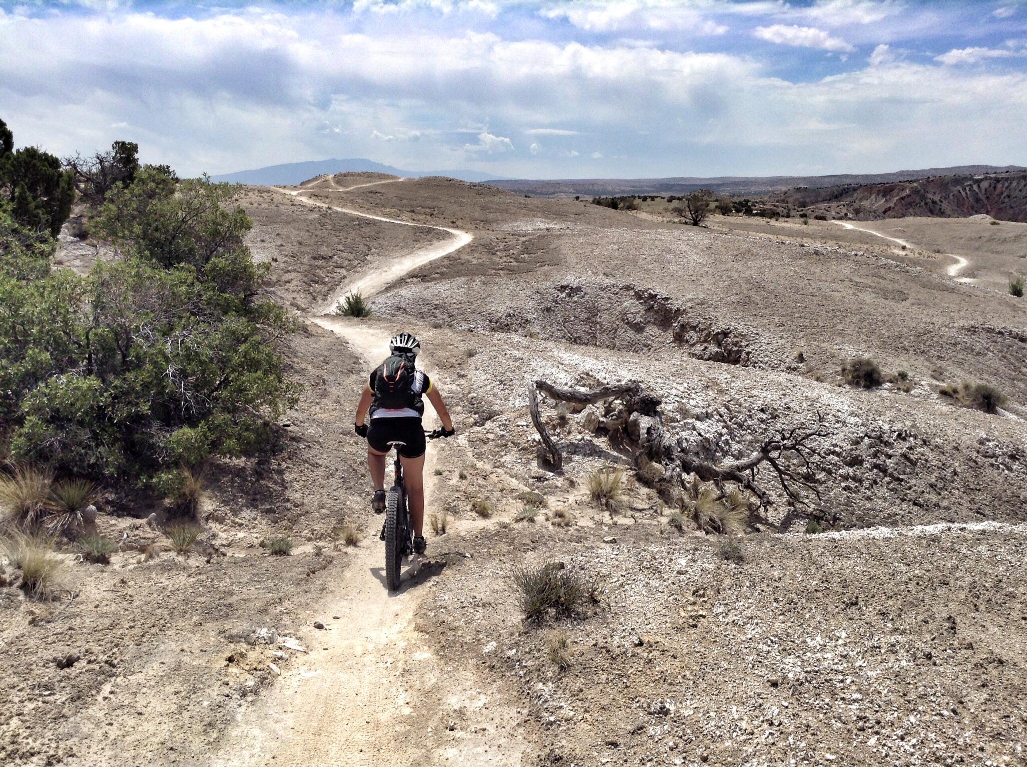 A mountain biker rides along a winding dirt trail in a rugged, arid landscape, surrounded by sparse vegetation and rocky terrain under a cloudy sky. White Ridge Bike Trails mountain bike trail.