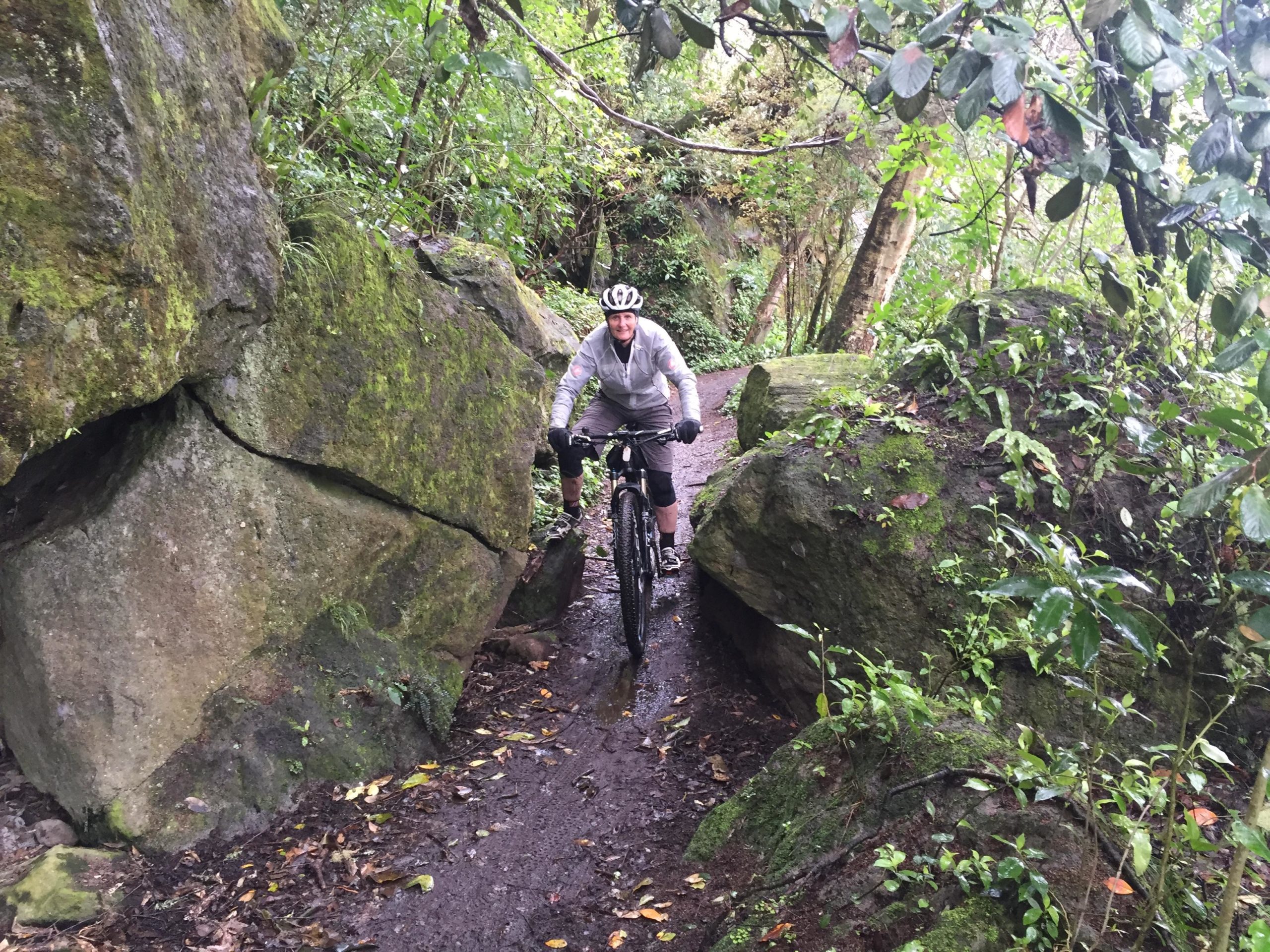 A mountain biker navigating a narrow trail surrounded by large rocks and lush greenery after rain. The cyclist is wearing a helmet and a long-sleeve shirt, with tire tracks visible on the muddy path. Great Lake Trails mountain bike trail.