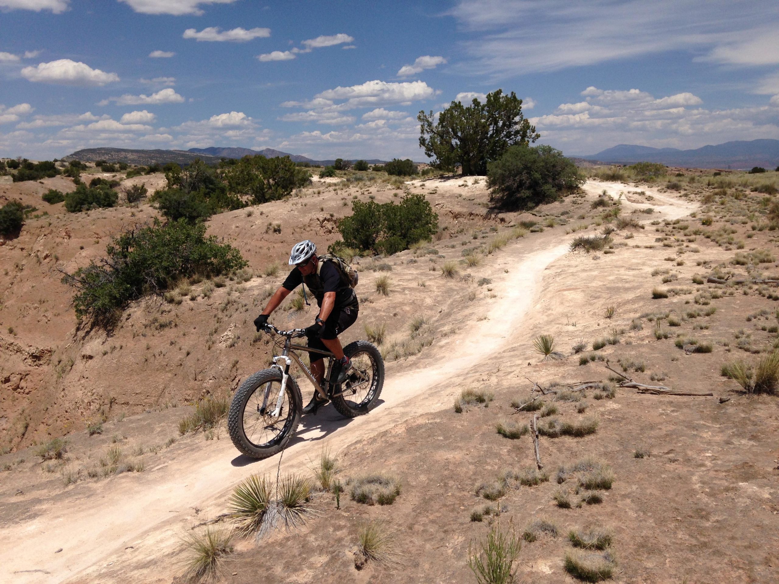 A person riding a mountain bike on a dusty trail in a rugged landscape, surrounded by sparse vegetation and with distant mountains under a partly cloudy blue sky. White Ridge Bike Trails mountain bike trail.