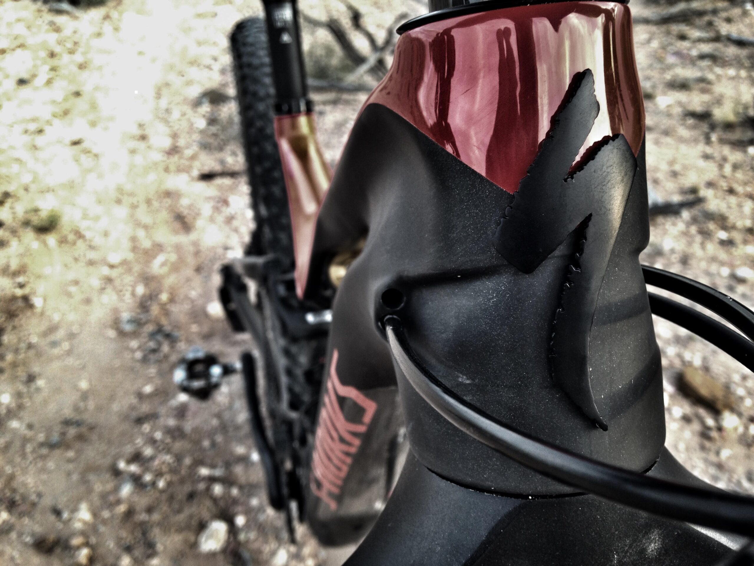 Specialized Stumpjumper FSR 6Fattie: Close-up view of a bicycle frame, showcasing a glossy red and matte black color scheme. The focus is on the top tube with a distinctive logo design and cable routing. The background features blurred terrain with rocky and earthy tones, suggesting an outdoor setting.