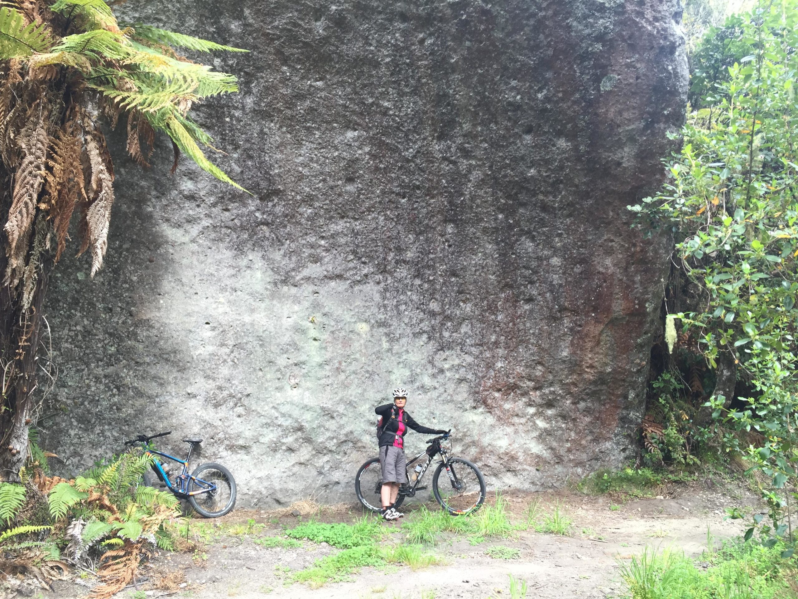 A mountain biker standing near a large rock face, with two bicycles resting on the ground beside them. The scene is surrounded by lush greenery, including ferns, and captures a moment in an outdoor, natural environment. Great Lake Trails mountain bike trail.
