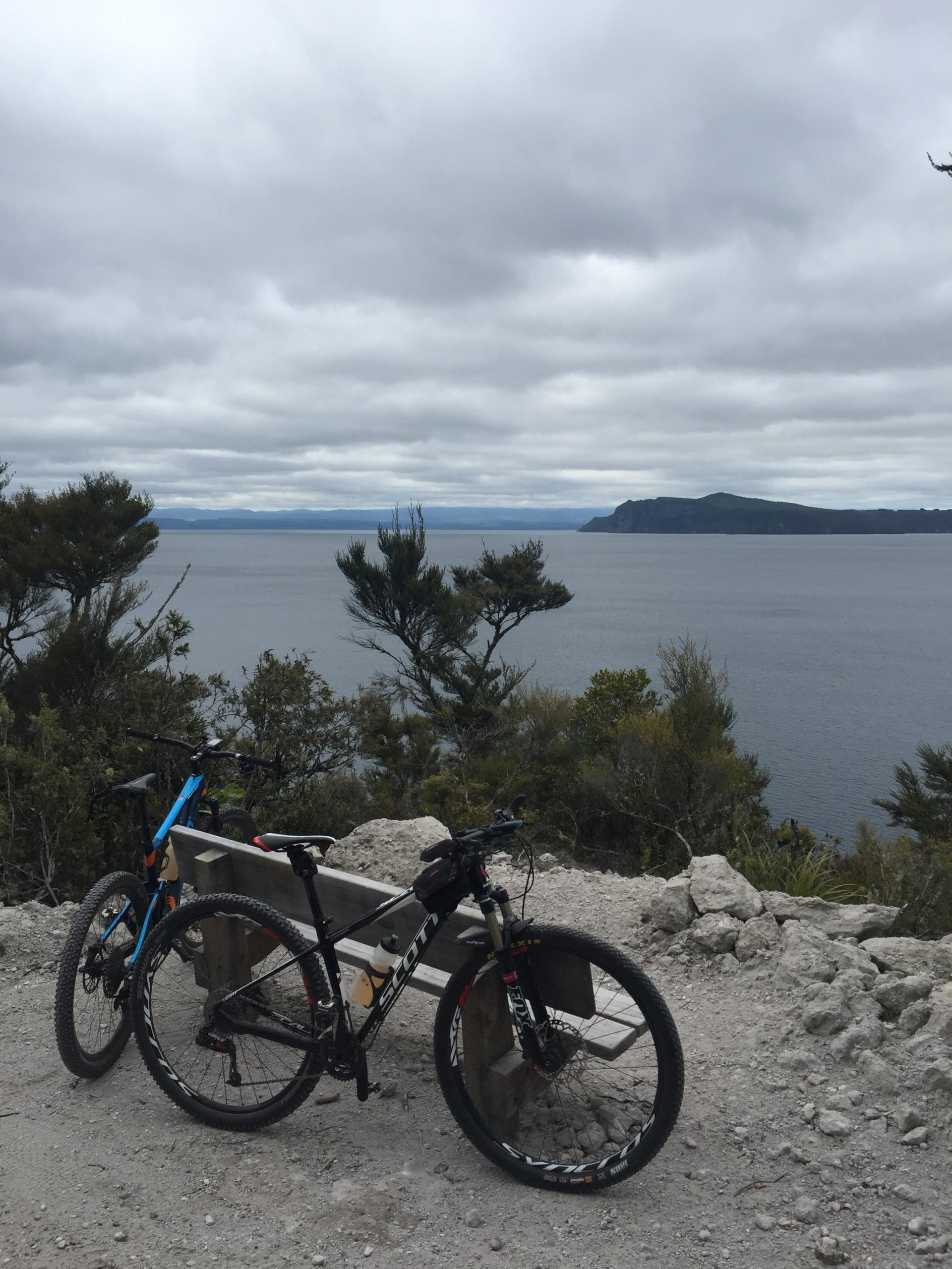 Two mountain bikes parked on a dirt path near a scenic overlook, with the ocean and a distant coastline visible in the background under a cloudy sky. Surrounding vegetation includes trees and shrubbery. Great Lake Trails mountain bike trail.
