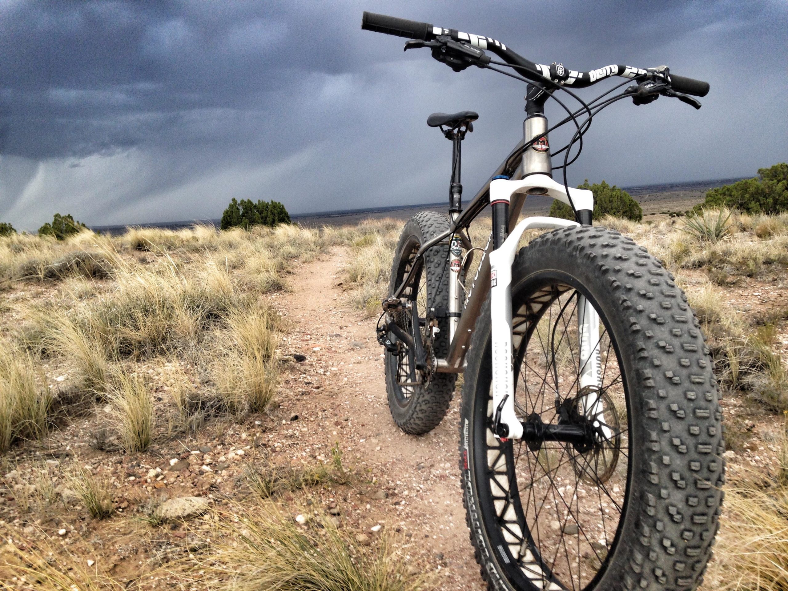 A close-up view of a mountain bike parked on a dirt path surrounded by tall grass, with a dramatic sky filled with dark clouds in the background. The bike features thick tires, indicating it is suitable for off-road terrain. Mariposa Fat Bike Trails mountain bike trail.