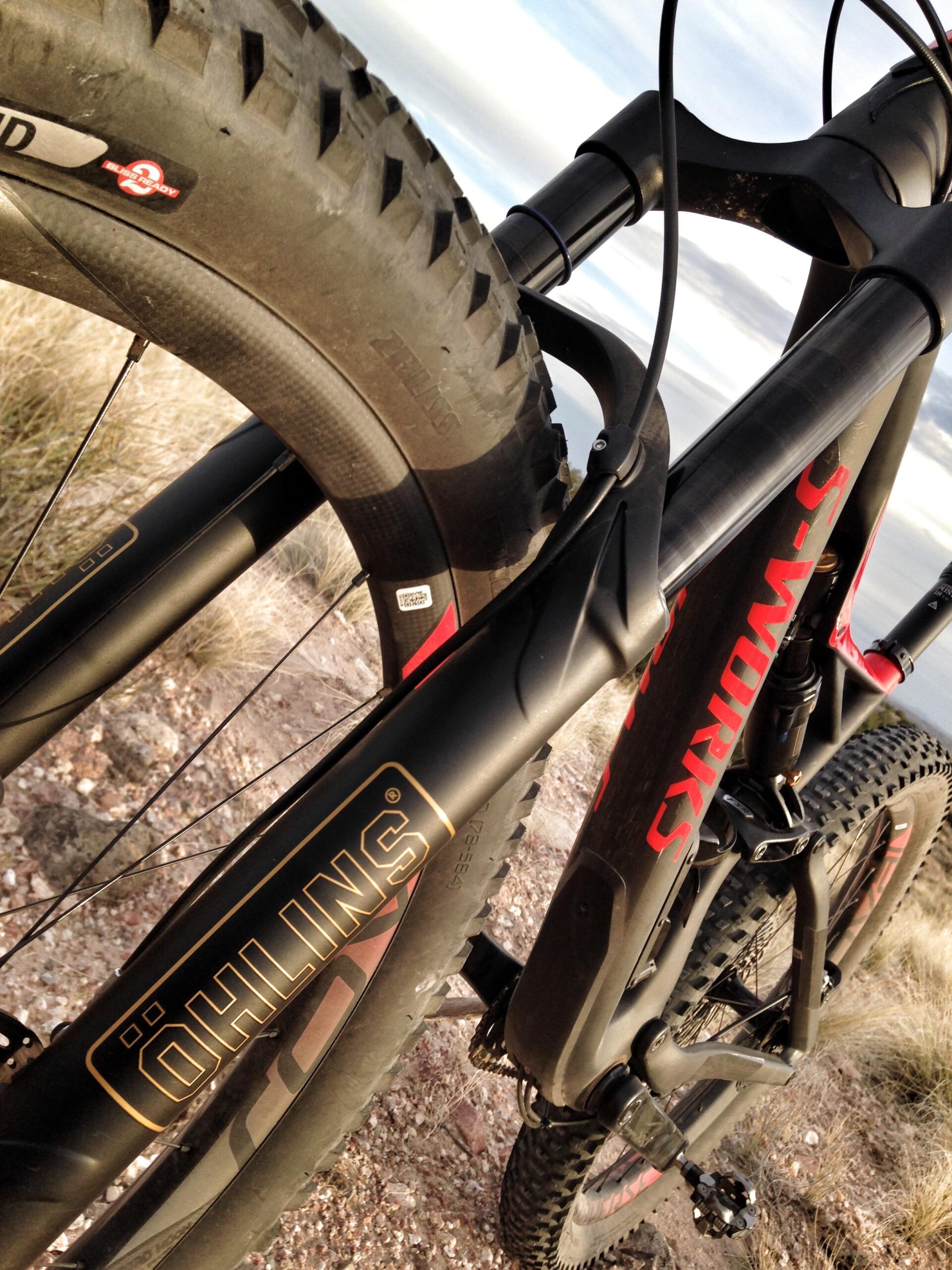 Specialized Stumpjumper FSR 6Fattie: Close-up view of a mountain bike frame, showcasing the Öhlins suspension component, thick tire tread, and the "S-Works" branding. The background features a natural landscape with grass and stones under a cloudy sky.