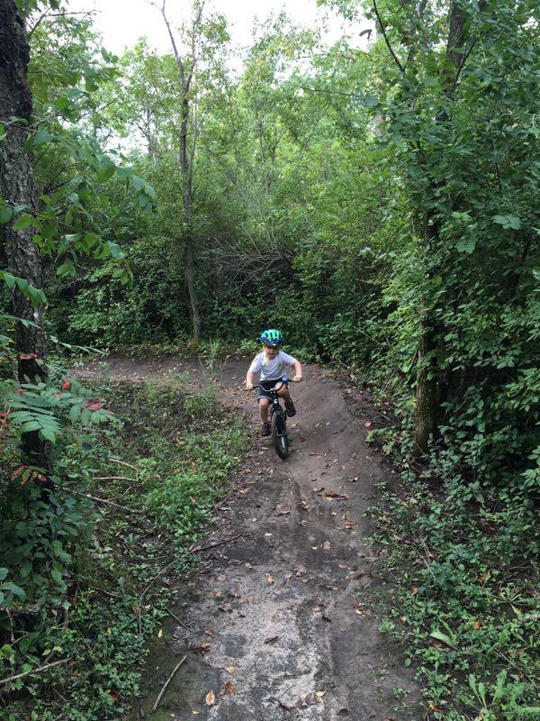 A child riding a bicycle on a dirt trail surrounded by dense greenery and trees. The path curves to the right, and the child is wearing a blue helmet and a white shirt. The scene captures a sense of outdoor adventure and playfulness in a natural setting. Quarry Ridge Park mountain bike trail.