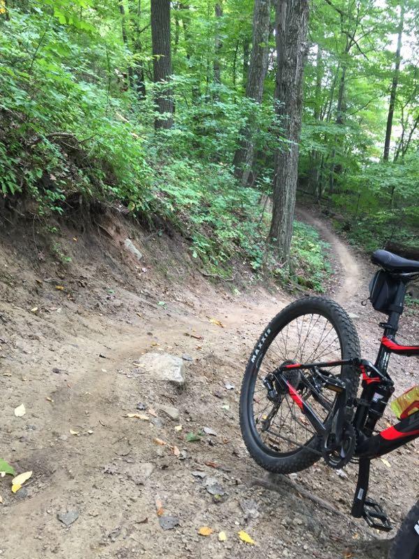 A mountain bike resting on a dirt trail that winds through a lush green forest. The trail curves to the right, showing a mixture of soil and small rocks, surrounded by tall trees and dense foliage. Pontiac Lake mountain bike trail.