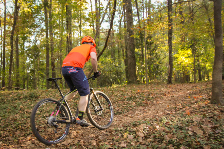 A person riding a mountain bike on a wooded trail, surrounded by trees and fallen leaves, in an autumn setting. The rider wears an orange shirt and helmet, navigating a winding path through the forest.