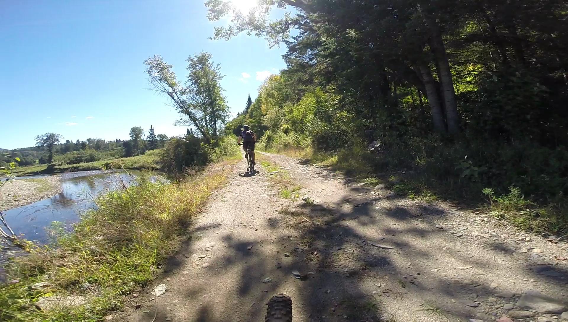 A mountain biker riding along a gravel path beside a river, surrounded by lush greenery and trees under a clear blue sky. Sunlight filters through the leaves, creating dappled shadows on the trail. Kingdom Trails mountain bike trail.