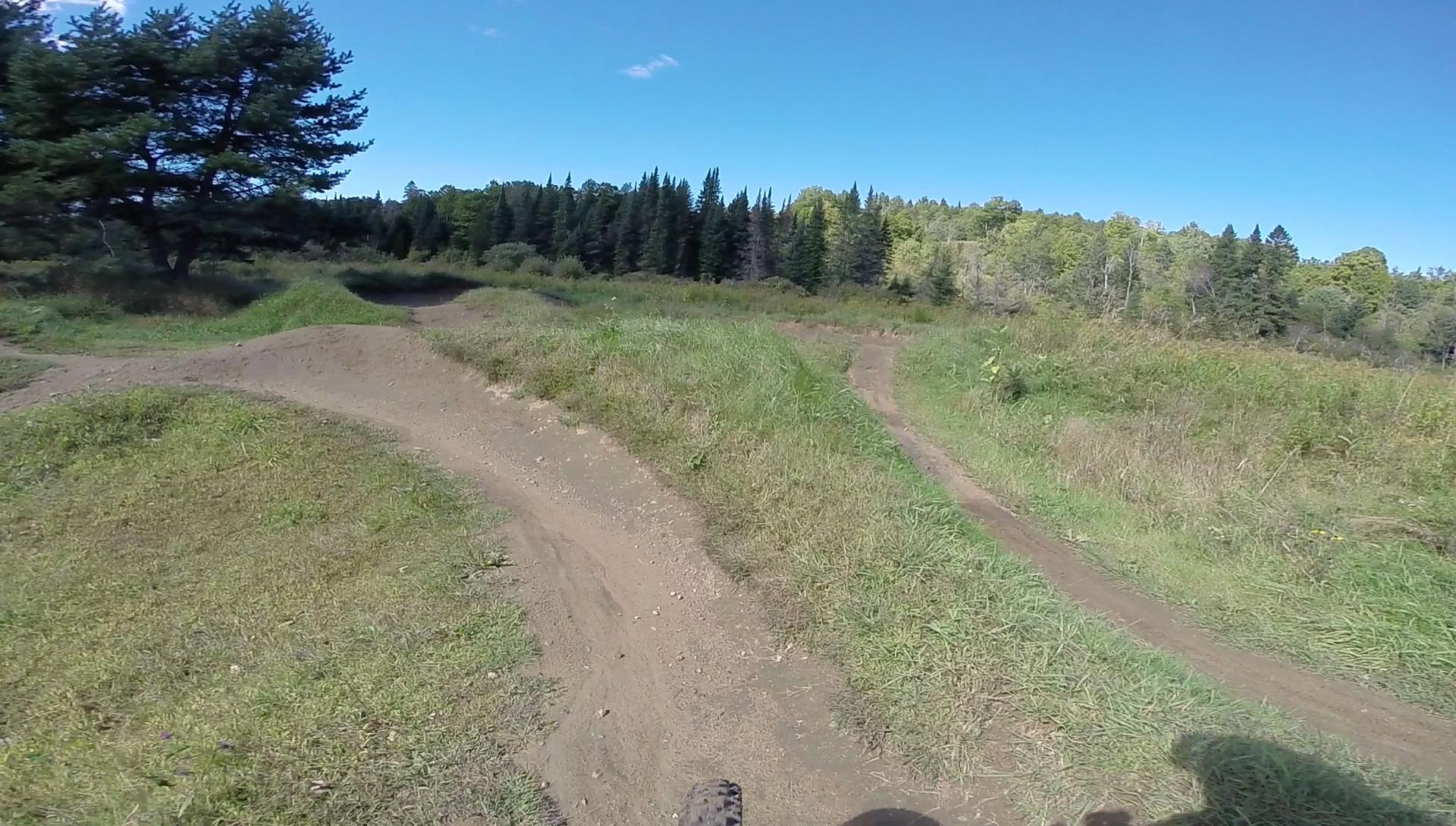A dirt biking trail winding through a grassy landscape, surrounded by trees under a clear blue sky. The trail features several curves and jumps, inviting outdoor enthusiasts. Kingdom Trails mountain bike trail.