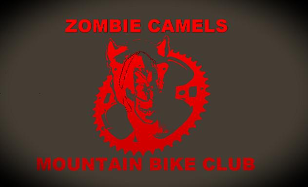 Logo for the "Zombie Camels Mountain Bike Club," featuring a stylized red camel skull with a bike gear design and the club name prominently displayed in bold red text. The background is dark to enhance the contrast.