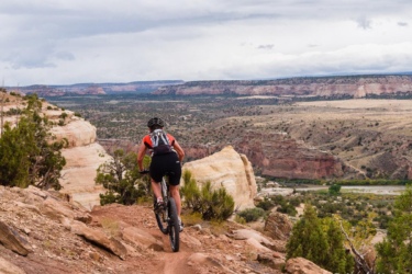 A mountain biker navigates a dirt trail through a rocky landscape, with expansive views of rolling hills and valleys under a cloudy sky. The cyclist, wearing a helmet and vibrant orange shirt, is focused on the path ahead amidst a backdrop of wild vegetation and rugged terrain. Western Rim mountain bike trail.
