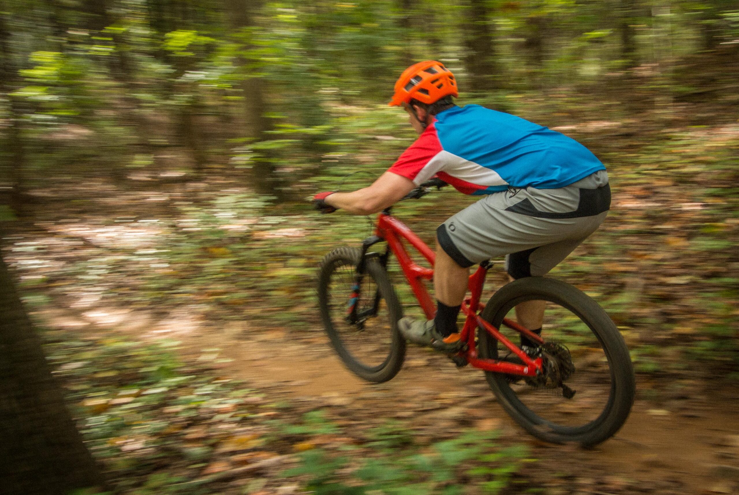 Ibis Mojo 3: A mountain biker in a bright orange helmet and blue and red jersey speeds along a forest trail, leaning into a turn. The surrounding greenery and blurred background suggest motion and the excitement of off-road biking.