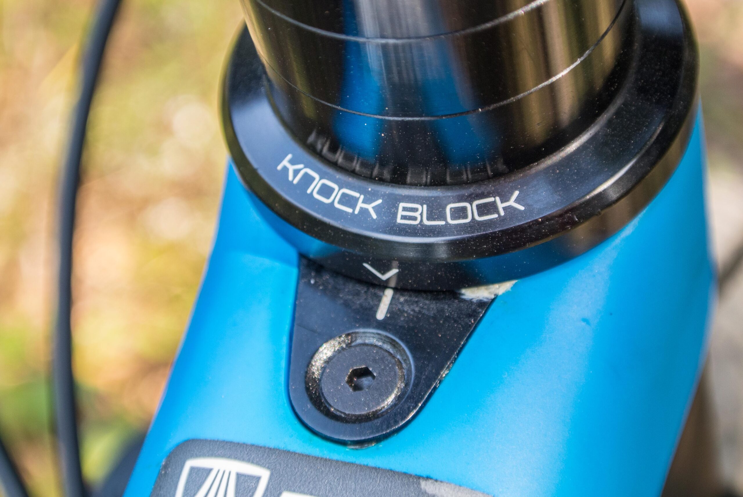 Trek Remedy 9: Close-up of a bike's headset featuring a "KNOCK BLOCK" component, part of the steering system, designed to prevent damage when the handlebars are turned. The headset is blue, with a black metal ring and a small hexagon-shaped adjustment screw visible below. The background is softly blurred, indicating an outdoor setting.