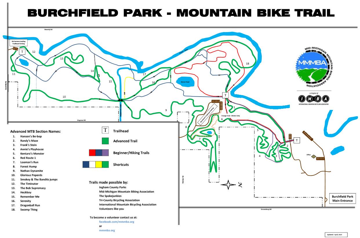 Map of Burchfield Park Mountain Bike Trail. The map includes marked trails for advanced and beginner/hiking paths, a designated trailhead, and various trail sections with names. It also shows surrounding features such as parking areas, a water-only trail, and a main entrance. Trail access is facilitated by local biking associations, with a note on volunteer opportunities. Burchfield mountain bike trail.