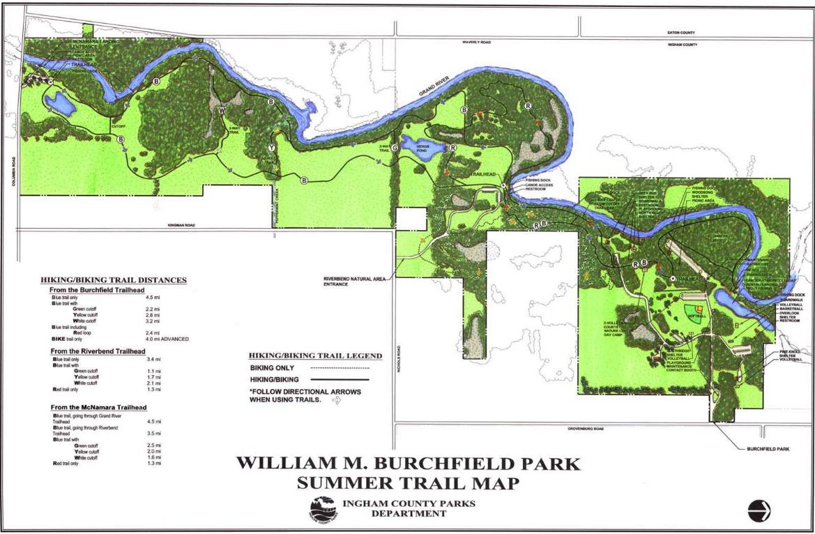 A detailed trail map of William M. Burchfield Park, showing hiking and biking trails, along with distances from various trailheads. The map includes symbols for different trail types, access points, and surrounding natural features such as rivers and lakes. Burchfield mountain bike trail.