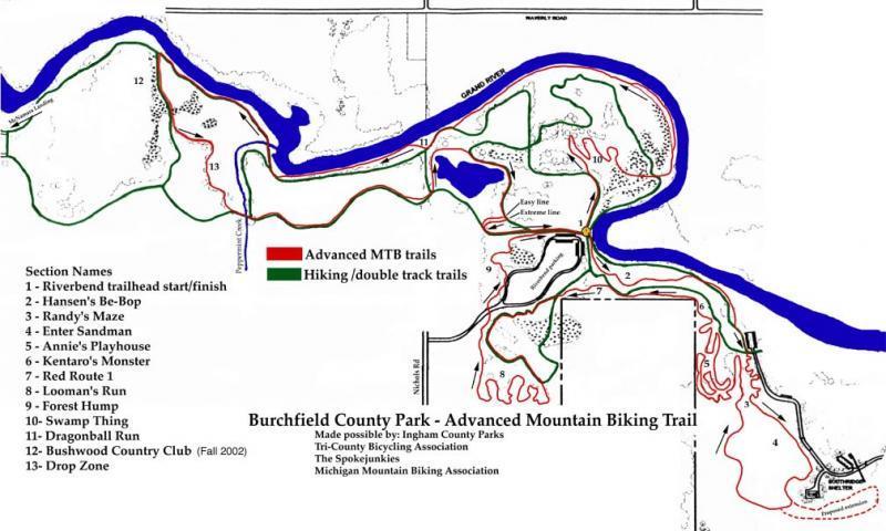 Map of Burchfield County Park showing advanced mountain biking trails in red and hiking/double track trails in green, including section names and markers for trail features. Burchfield mountain bike trail.