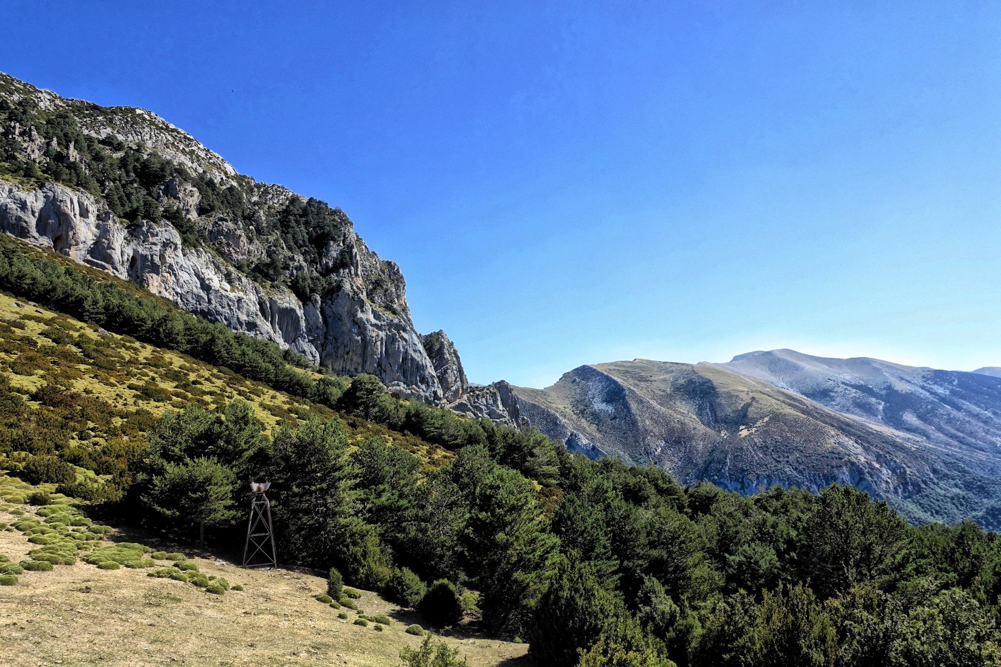 A scenic view of rugged mountains and lush greenery under a clear blue sky. In the foreground, there is a wooden lookout tower surrounded by trees, leading up to steep cliffs and rolling hills in the background. The landscape reflects a serene natural environment. Maxi Avalanche Trail mountain bike trail.