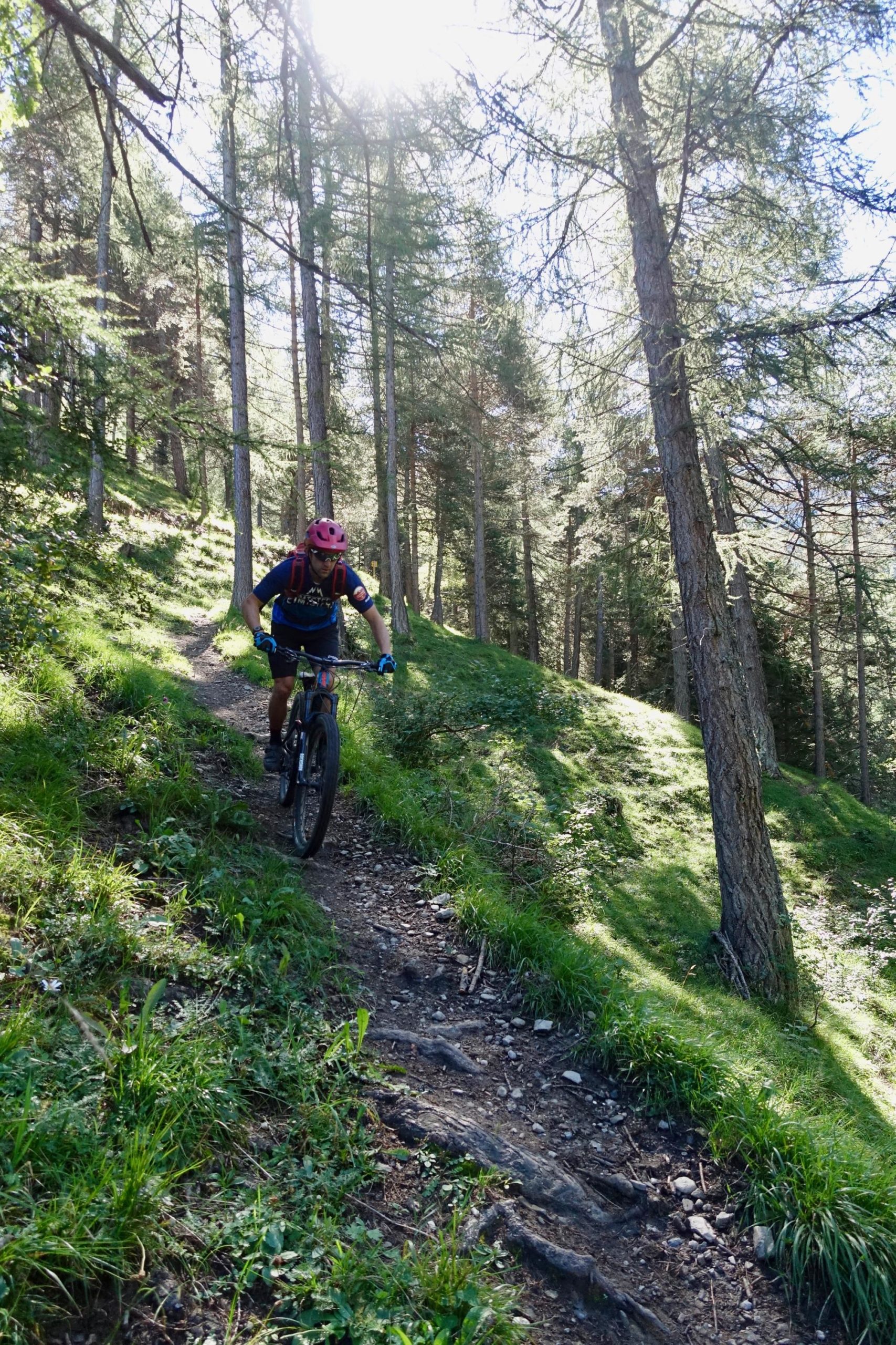 A mountain biker navigating a narrow, winding trail through a sunlit forest, surrounded by trees and greenery. The rider is wearing a red helmet and blue gloves, focused on the path ahead. BikeTicket2Ride mountain bike trail.