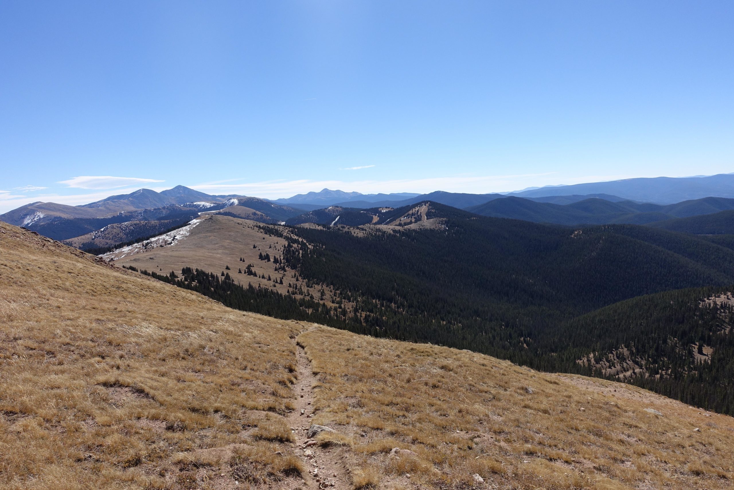 A panoramic view of rolling mountain ranges under a clear blue sky, featuring a winding dirt path leading through a grassy hillside. Dense evergreen trees cover the lower slopes, while patches of snow can be seen on the distant peaks. CDT: Monarch Pass to Boss Lake / Hunt Lake Trail mountain bike trail.