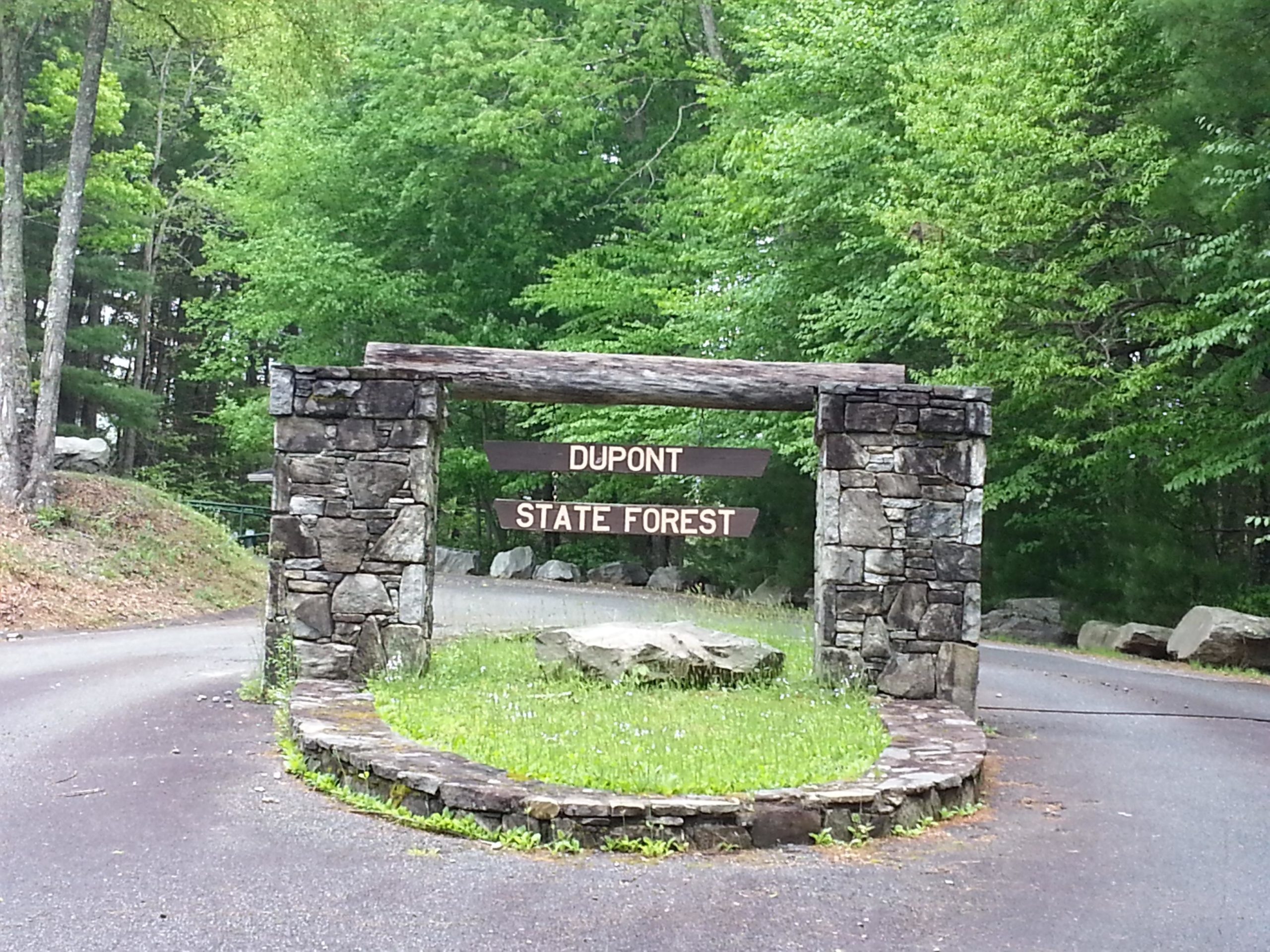 Entrance sign for Dupont State Forest, featuring a rustic stone and wood archway surrounded by lush green trees and a winding road. DuPont State Recreational Forest mountain bike trail.
