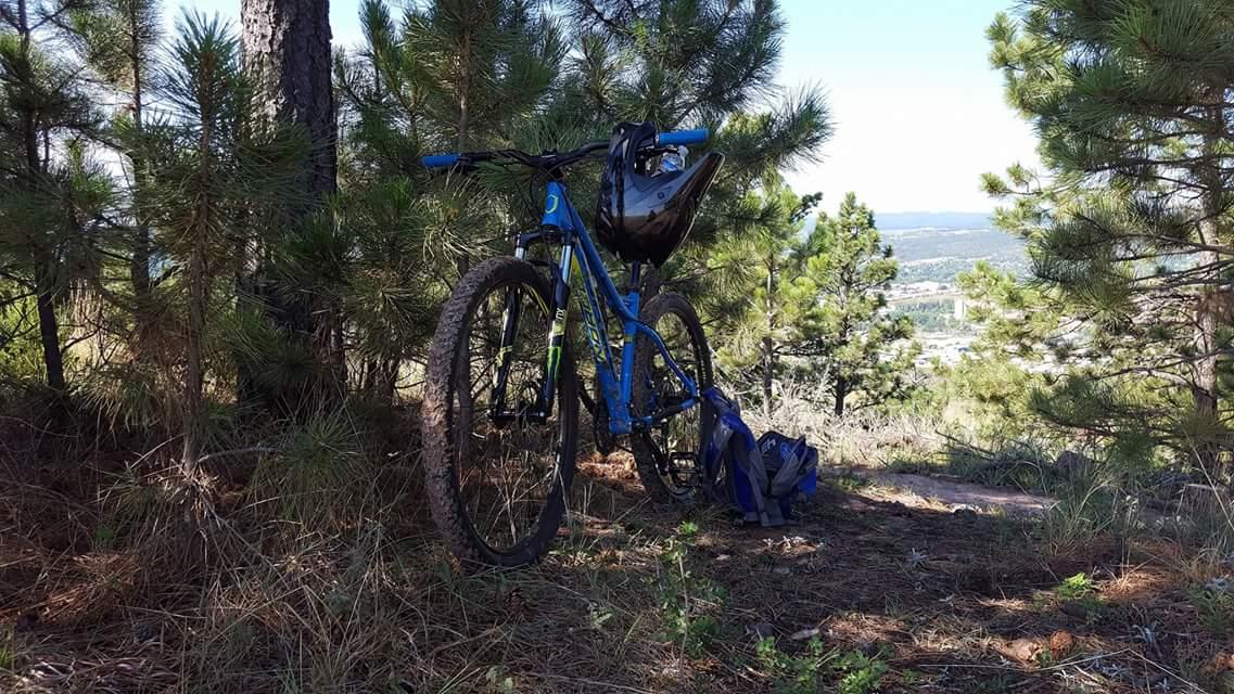 Norco Storm: A blue mountain bike with a black helmet resting on the handlebars, positioned among tall pine trees. A blue backpack is placed on the ground nearby, with a scenic view of hills and a valley visible in the background.