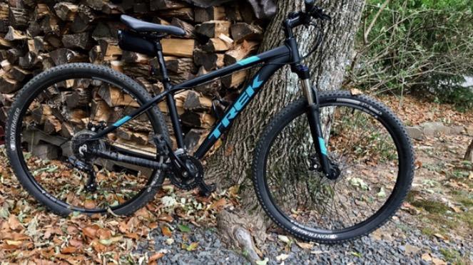Trek Marlin 5 29er: A black and blue Trek mountain bike leaning against a tree, with a backdrop of stacked firewood and scattered autumn leaves on the ground. The bike features thick tires suitable for off-road biking.