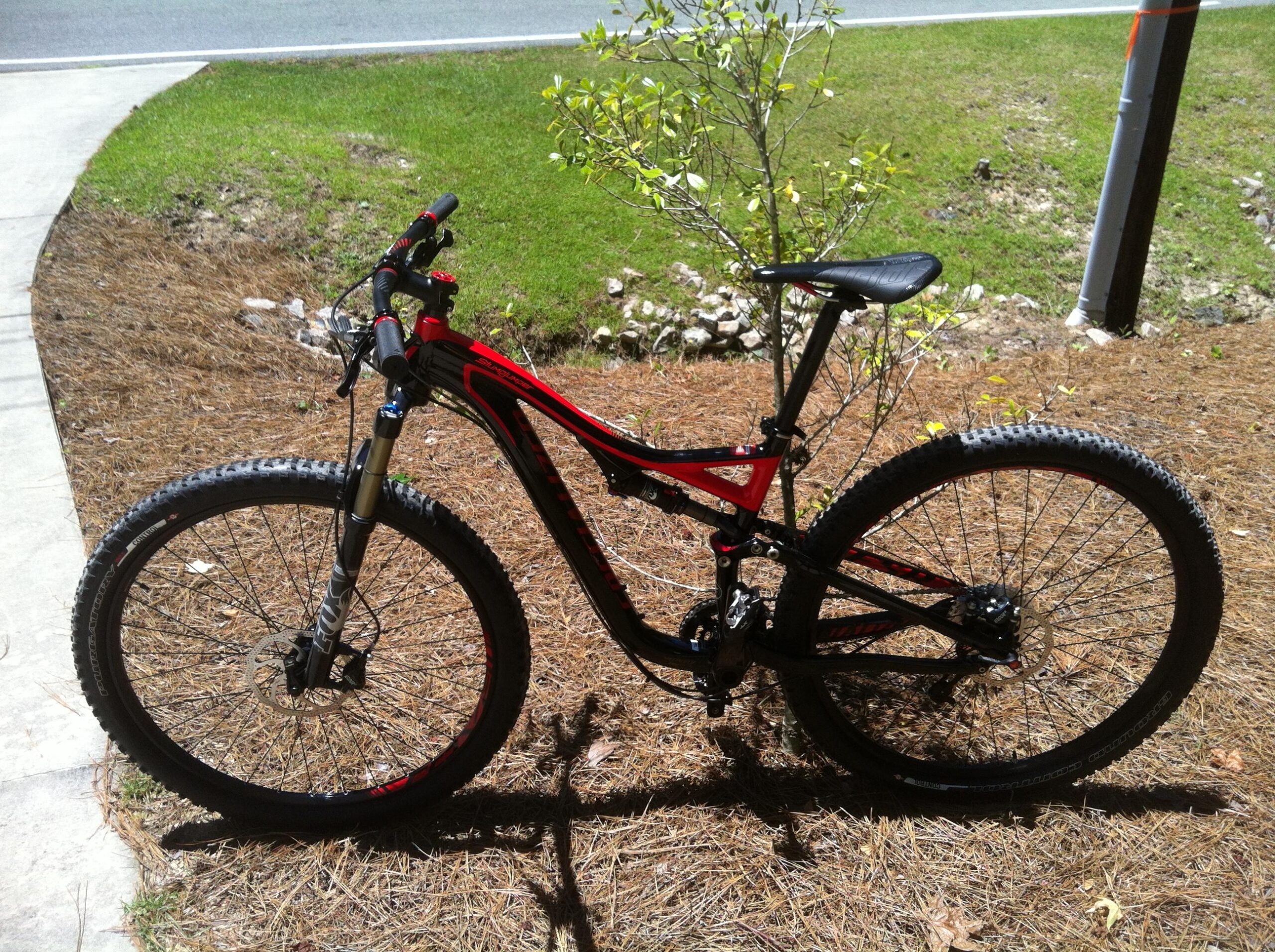 Specialized Stumpjumper FSR Comp 29er: A red and black mountain bike positioned on a bed of pine needles, with a grassy area and a road in the background. The bike features thick tires and a sturdy frame, reflecting its outdoor and off-road capabilities.