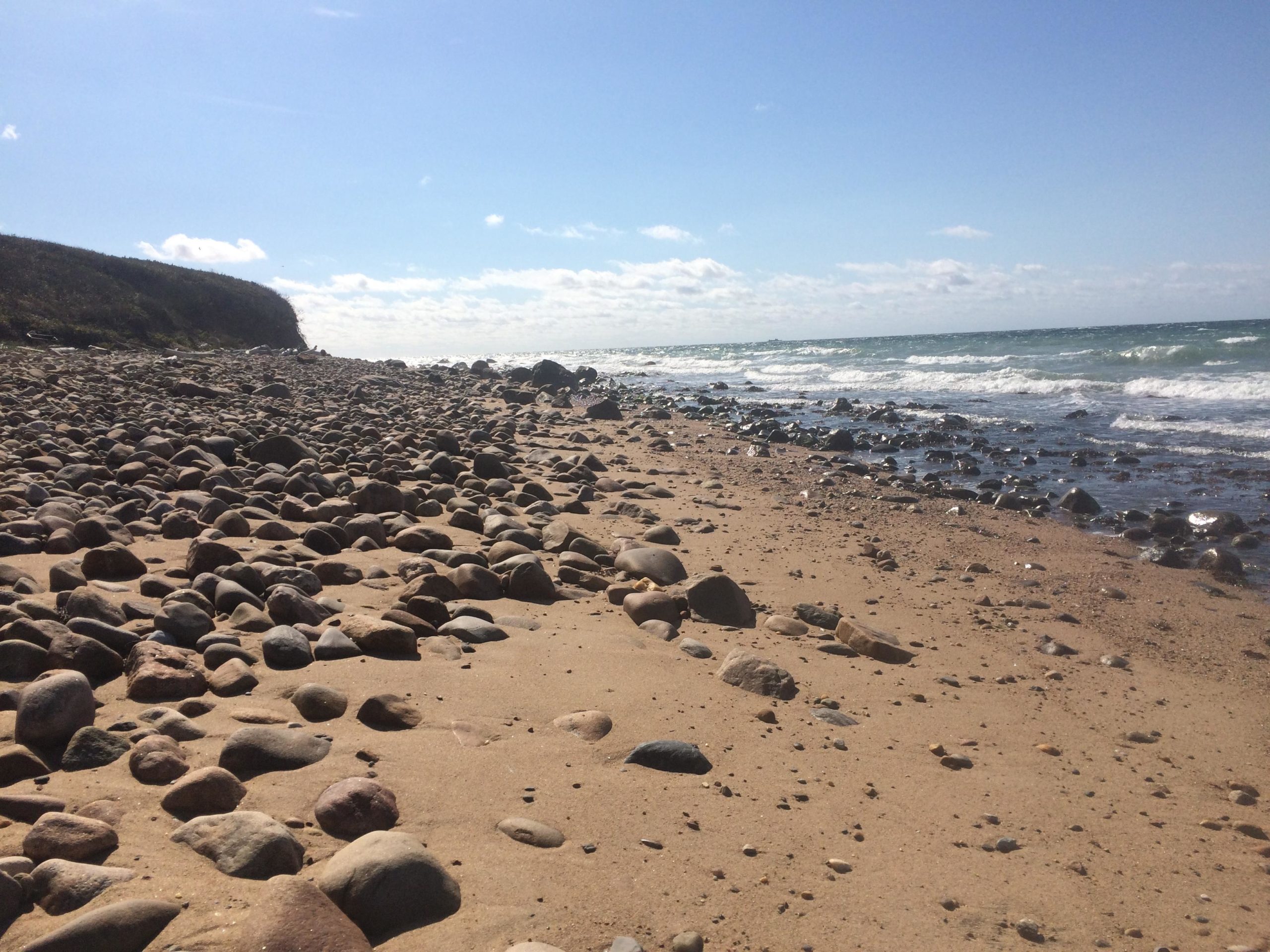 A rocky beach with a sandy shore, featuring scattered smooth stones of various sizes. In the background, a gentle slope leads to a grassy hill, while the ocean waves lightly lap at the stony coastline under a clear blue sky with a few clouds. Fat Bike Coastal Tour mountain bike trail.