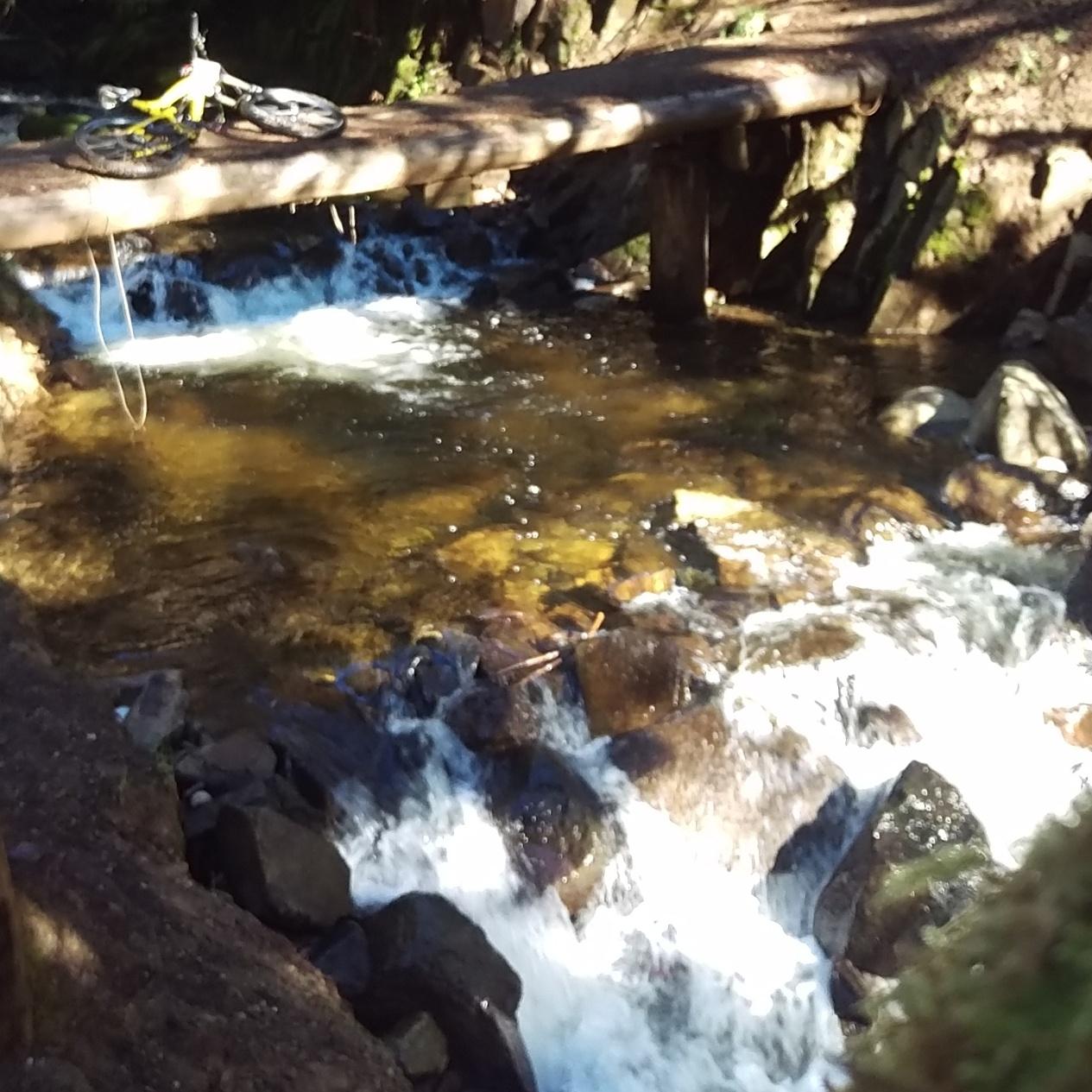A wooden bridge spans over a gently flowing stream with rocks visible beneath the water. A yellow bicycle is resting on the bridge, surrounded by trees and dappled sunlight filtering through the foliage. Cherry Valley mountain bike trail.