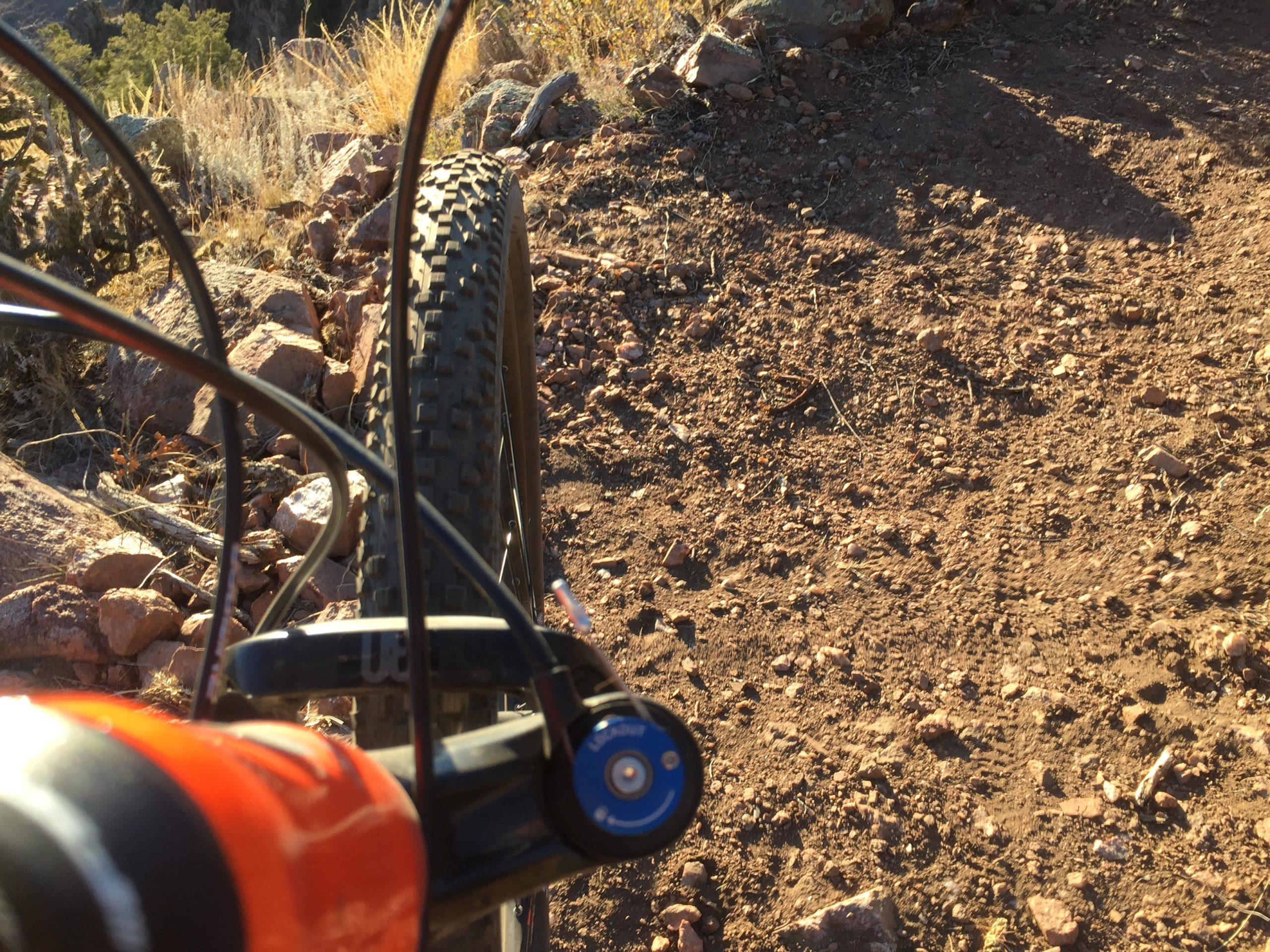 A close-up view of a mountain bike tire on a rocky dirt trail, with handlebars and brake cables partially visible in the foreground. Sunlight casts shadows on the ground, highlighting the texture of the trail and surrounding vegetation. Royal Gorge Park Trail System mountain bike trail.
