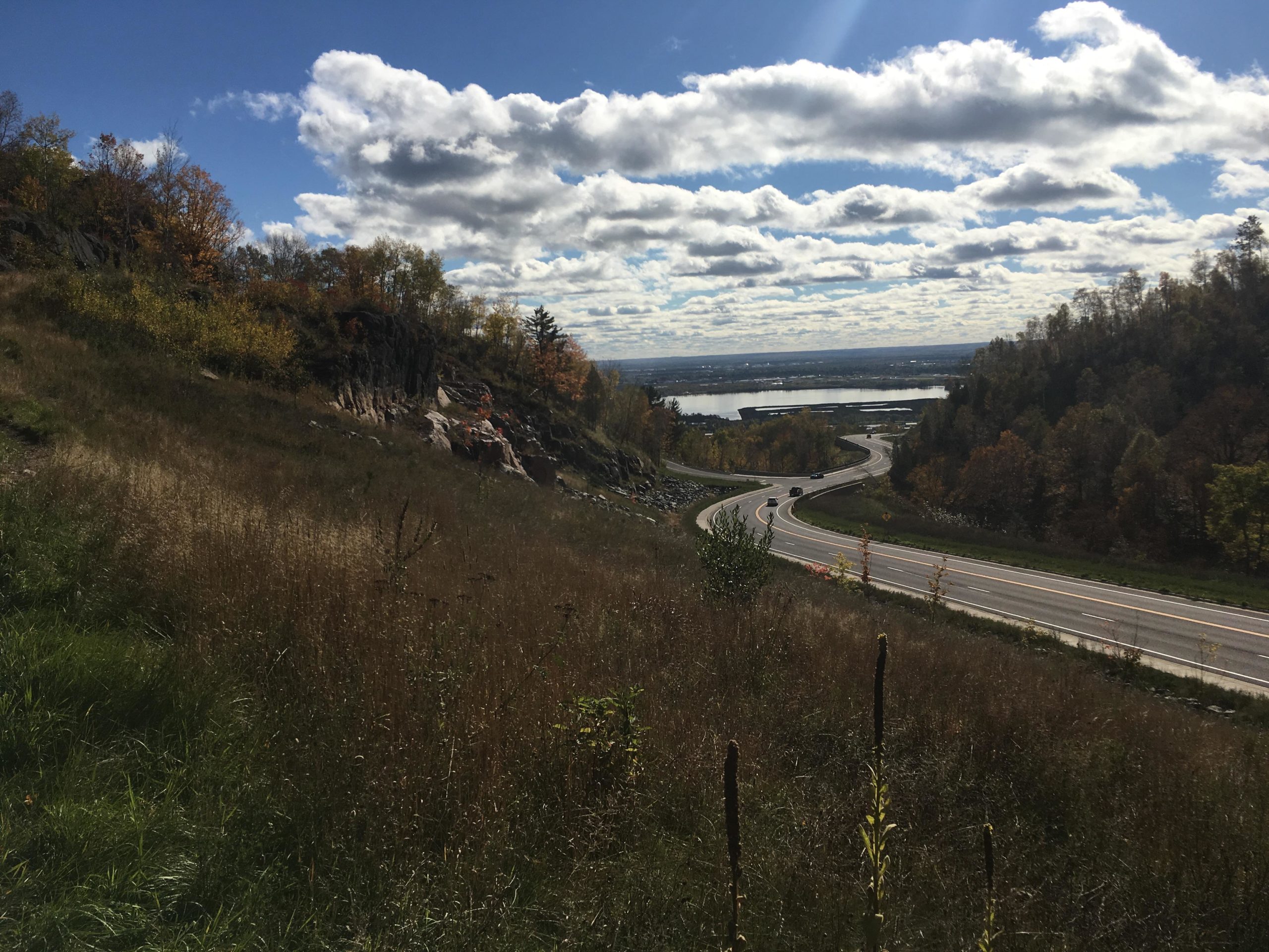 A scenic view of a winding road surrounded by grassy hills and dotted with trees in autumn colors. In the background, a body of water reflects the blue sky and fluffy white clouds, creating a tranquil landscape under natural light. Piedmont mountain bike trail.