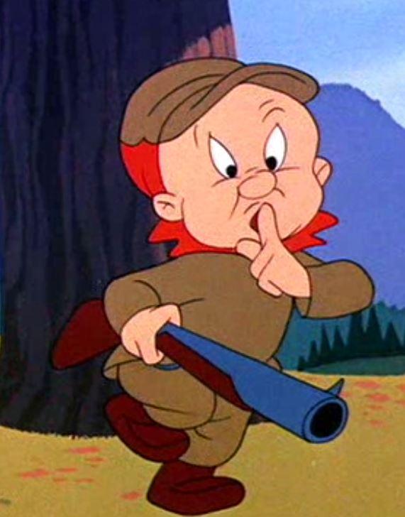 Giant Tempt 4: A cartoon character with red hair, wearing a brown hunter's outfit and cap, holding a shotgun. The character is making a shushing gesture with one finger to their lips, appearing stealthy in a forested setting.