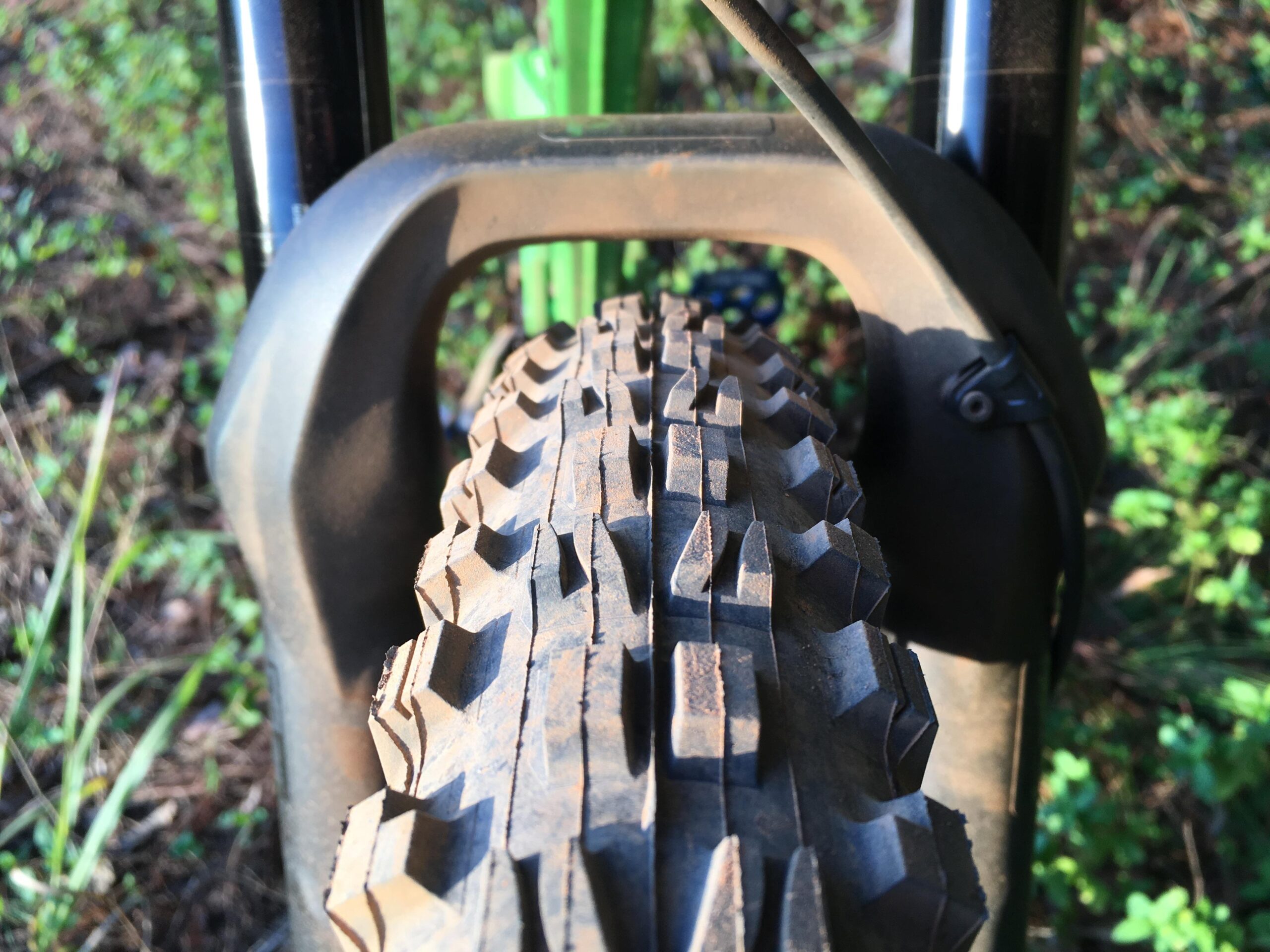 Orange Segment RS: Detailed close-up of a bicycle tire tread, showcasing its rugged pattern, positioned within the fork of the bike. The background features greenery, indicating an outdoor setting. Sunlight highlights the texture and wear on the tire, suggesting it's used for off-road biking.