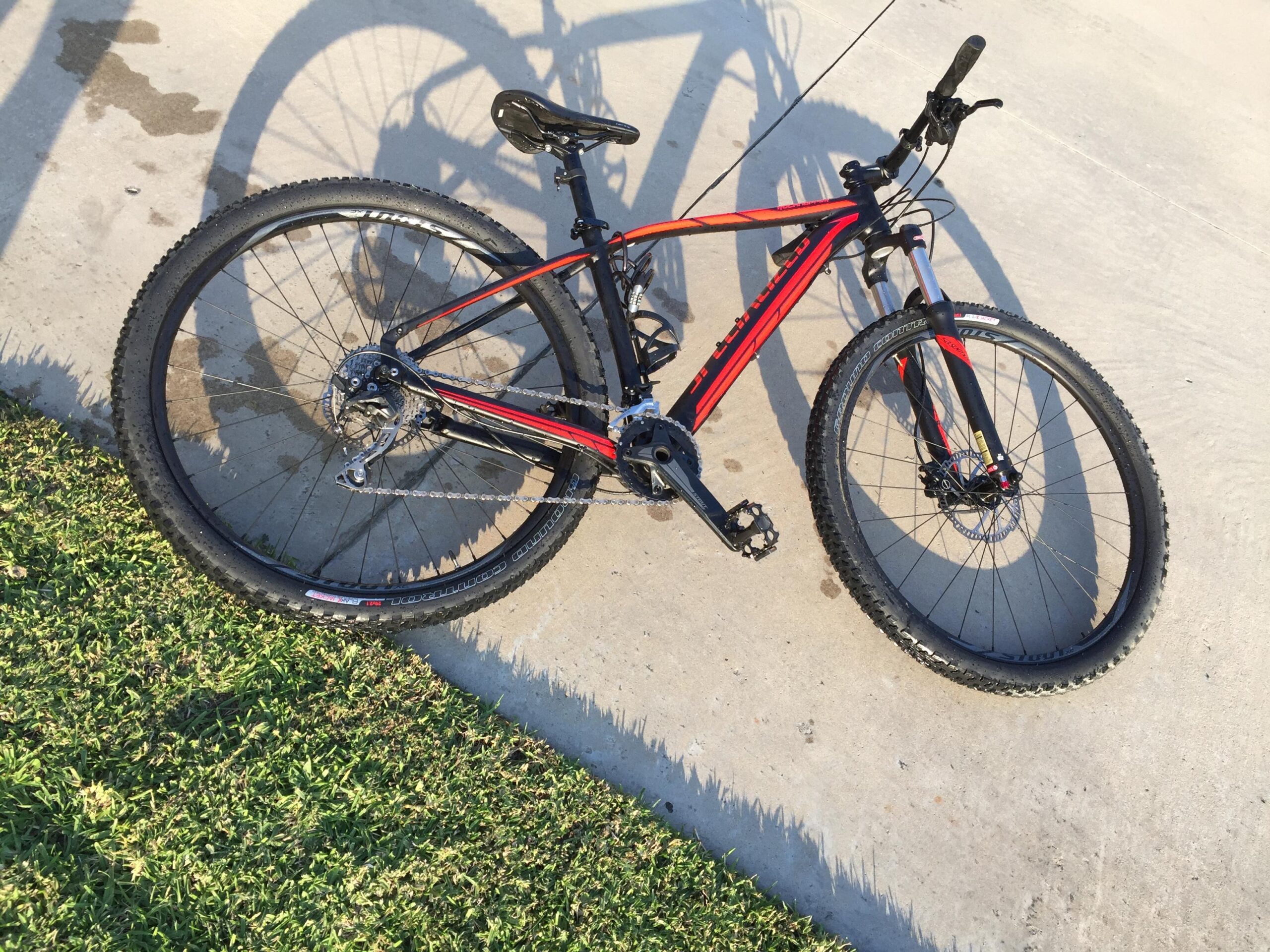 Specialized Rockhopper 29: A black and red mountain bike lying on a concrete surface, partially on grass. The bike features large, knobby tires, a dual suspension frame, and a visible chain mechanism. Sunlight casts a shadow on the ground, highlighting the bike's details.