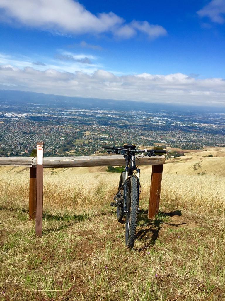 Specialized Camber Comp 29: A mountain bike parked next to a wooden railing at a scenic viewpoint, overlooking a valley with urban areas and fields under a partly cloudy blue sky. The ground is covered in dry grass and wildflowers.