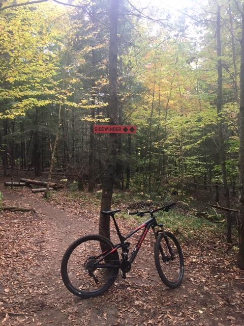 A mountain bike resting next to a trail sign that reads "SIDEWINDER" in a wooded area with trees displaying autumn foliage and fallen leaves on the ground. Kingdom Trails mountain bike trail.
