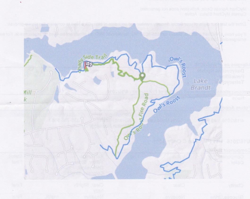 A map showing a trail system around Lake Brandt. The routes are marked in green and blue, with labeled trails including "Shady Side Trail" and "Owl's Roost." Surrounding areas include residential streets and parks. Owls Roost (Bur-Mil Park) mountain bike trail.