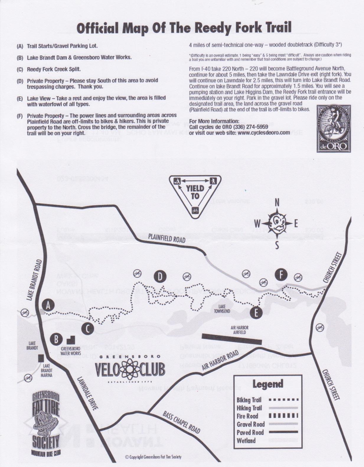 Alt tag: "Official map of the Reedy Fork Trail, detailing trail routes, locations of landmarks, and access points. Includes a legend for biking and hiking trails, private property warnings, and directions for accessing the trail from nearby roads." Reedy Fork mountain bike trail.