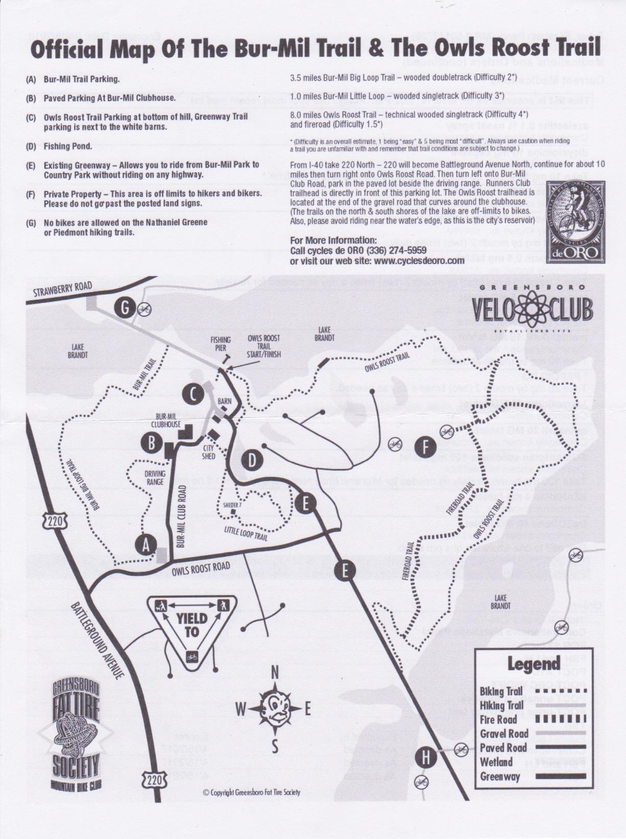 Official map of the Bur-Mil Trail and Owls Roost Trail, detailing parking areas, trails, and key landmarks such as the Bur-Mil Clubhouse, fishing pond, and trail routes. The map includes symbols for various trail types and difficulty levels, along with directions for accessing the area. Additional information for contacting local cycling groups is provided at the bottom. Owls Roost (Bur-Mil Park) mountain bike trail.